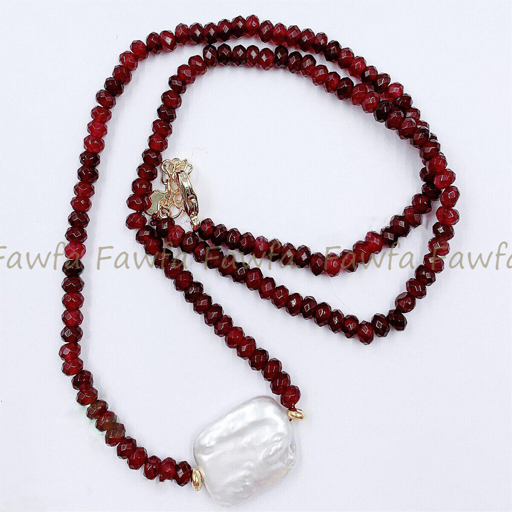Faceted 2x4mm Red Garnet Natural 15x20mm White Baroque Pearl Pendant Necklace