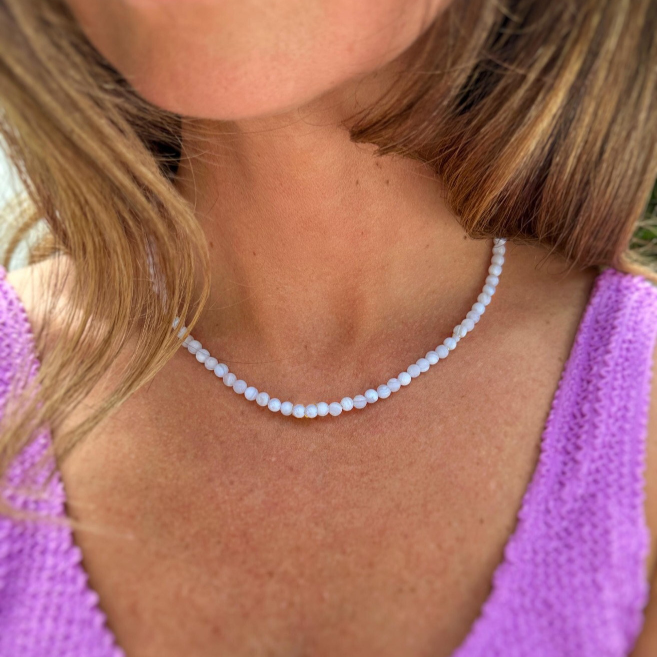 Blue Lace Agate Round Beaded Choker Healing Dainty Minimalist Necklace Gift