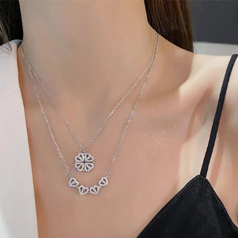 Four Leaf Clover Magnetic Folding Heart Crystal Pendant Necklace- Elegant