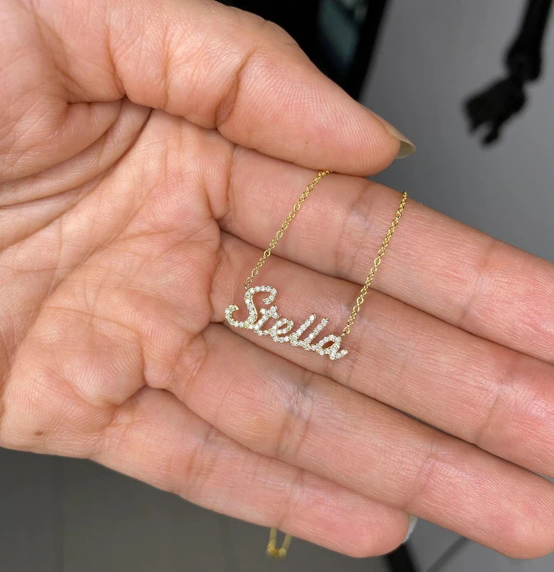 14K Yellow Gold Plated Personalize Name Pendant 5 Ct Round Cut Simulated Diamond