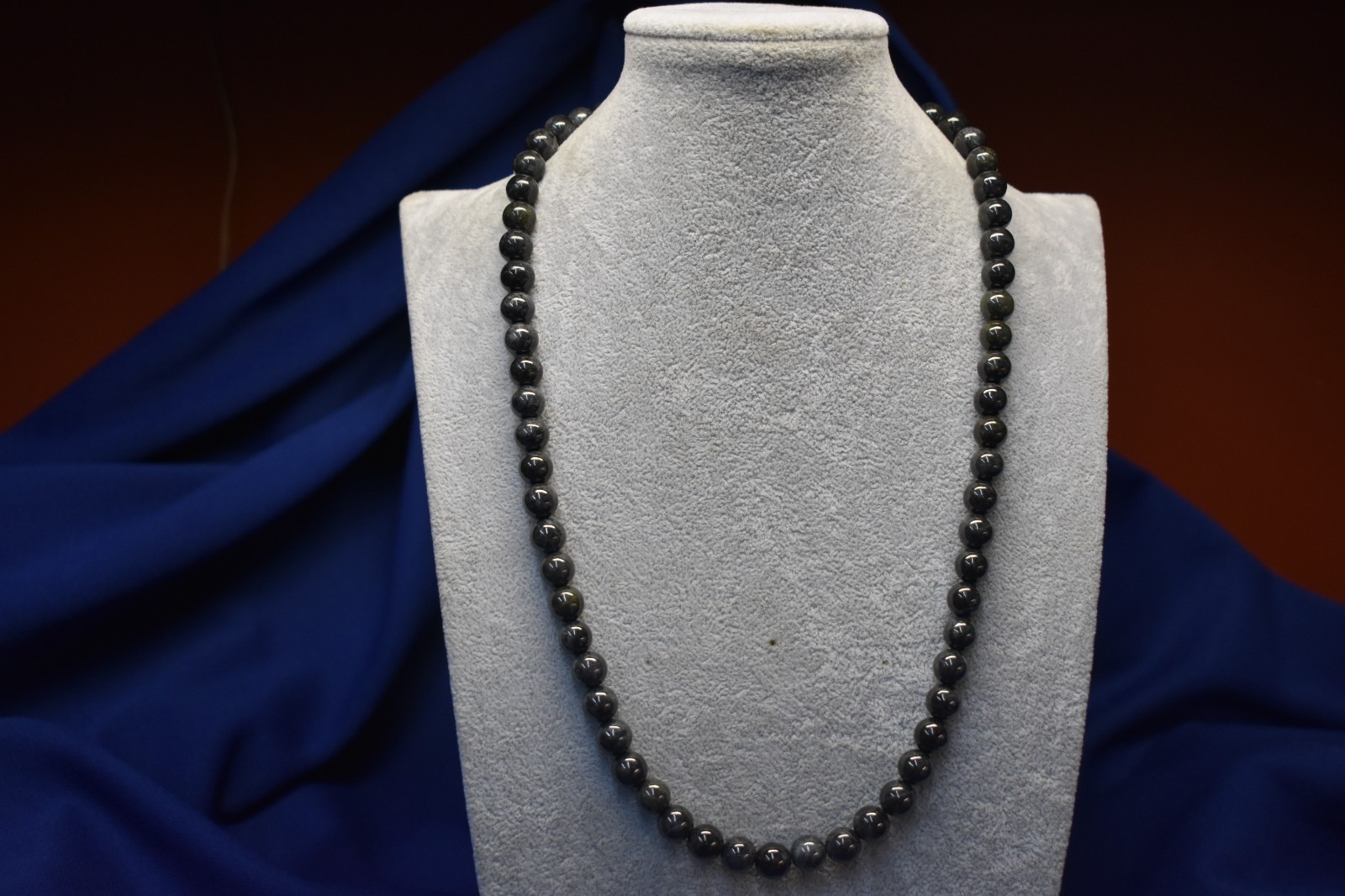 10mm Certified Grade A Black Jade Bead Necklace Beautiful Marbled W/Grey Color
