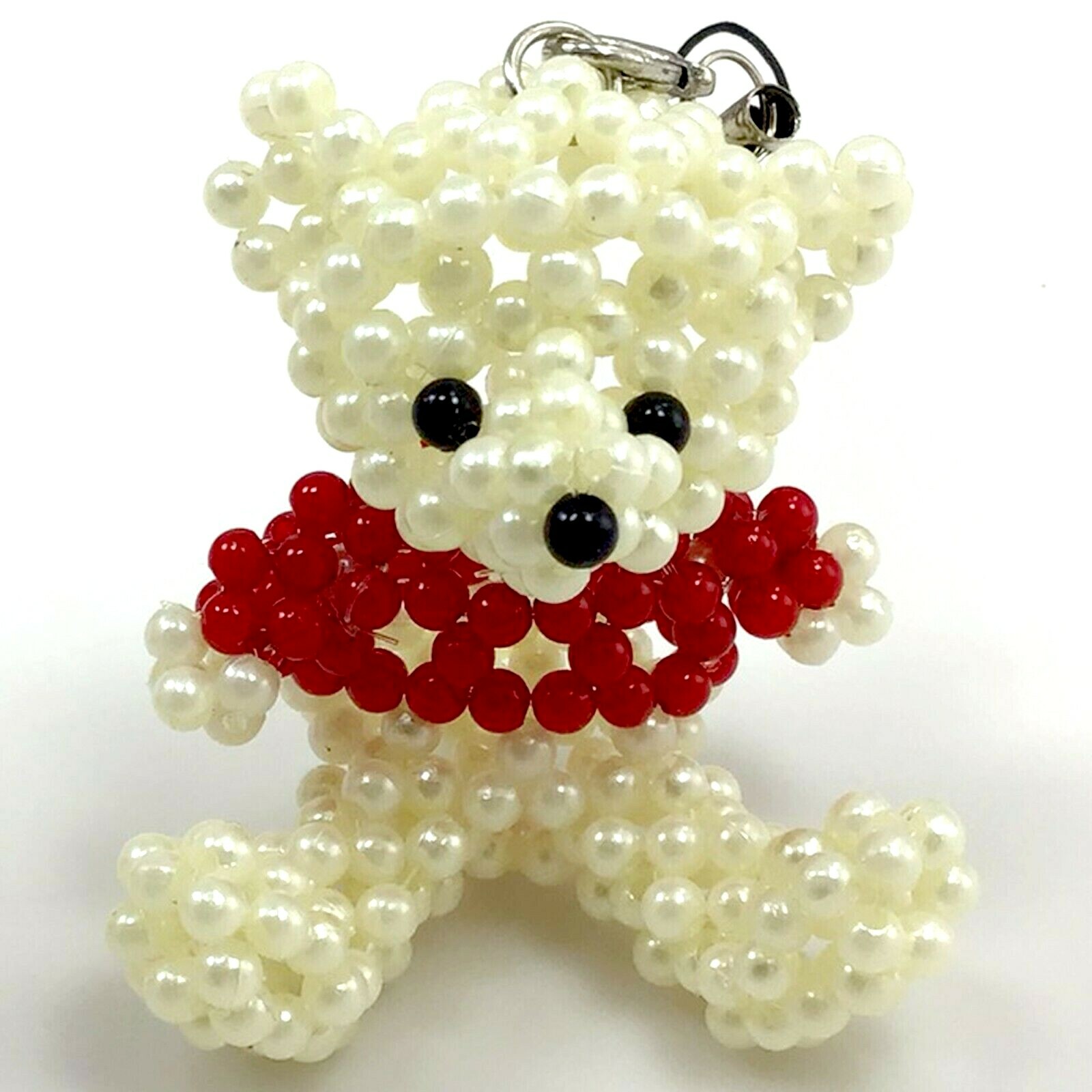 Teddy Bear Charm White Glass Pearl Hand-crocheted 55mm Cream Key Chain Decor