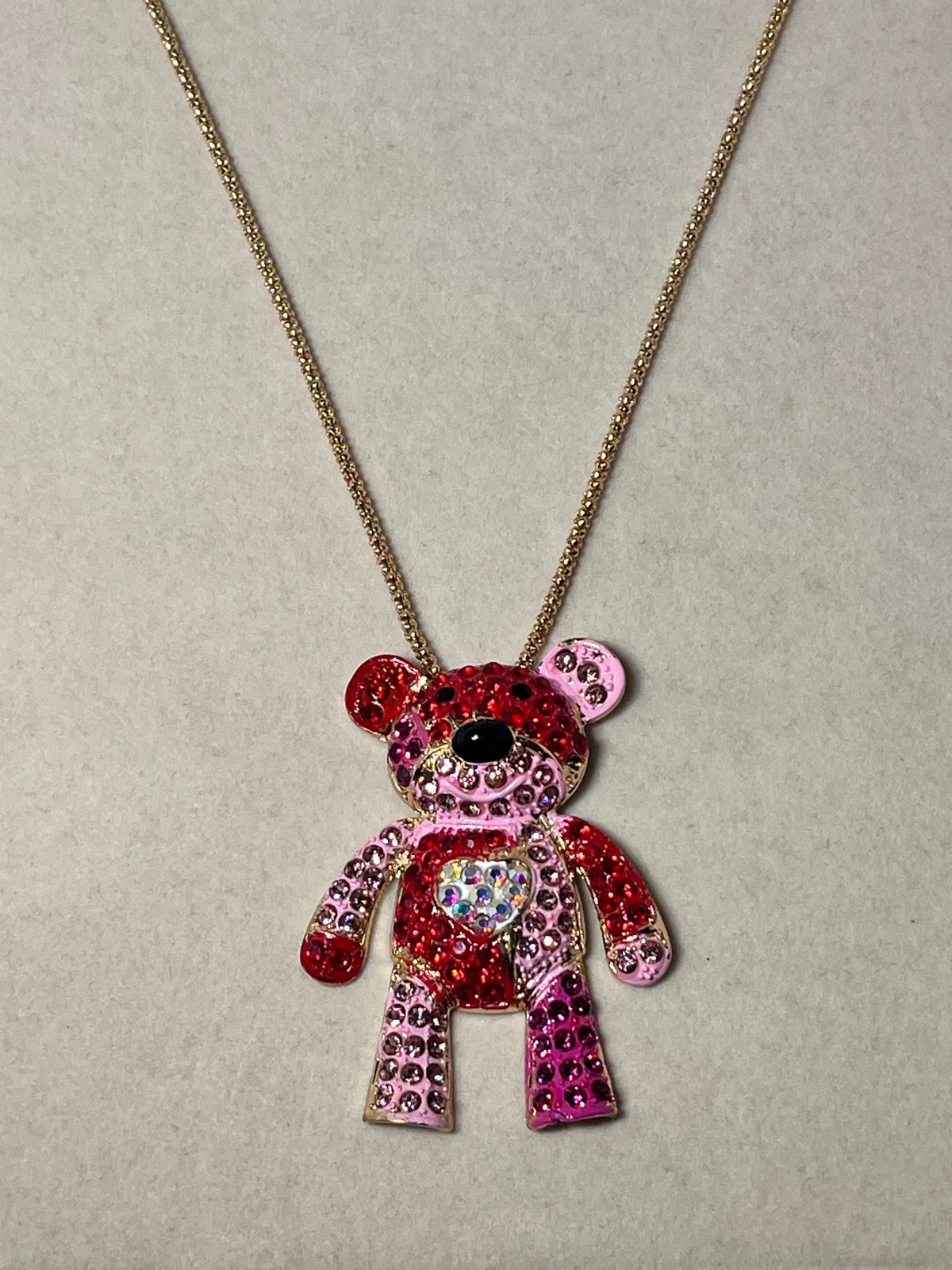 Betsey Johnson 2.5″ Pink & Red Teddy Bear Pendant Necklace 23″ Gold Tone