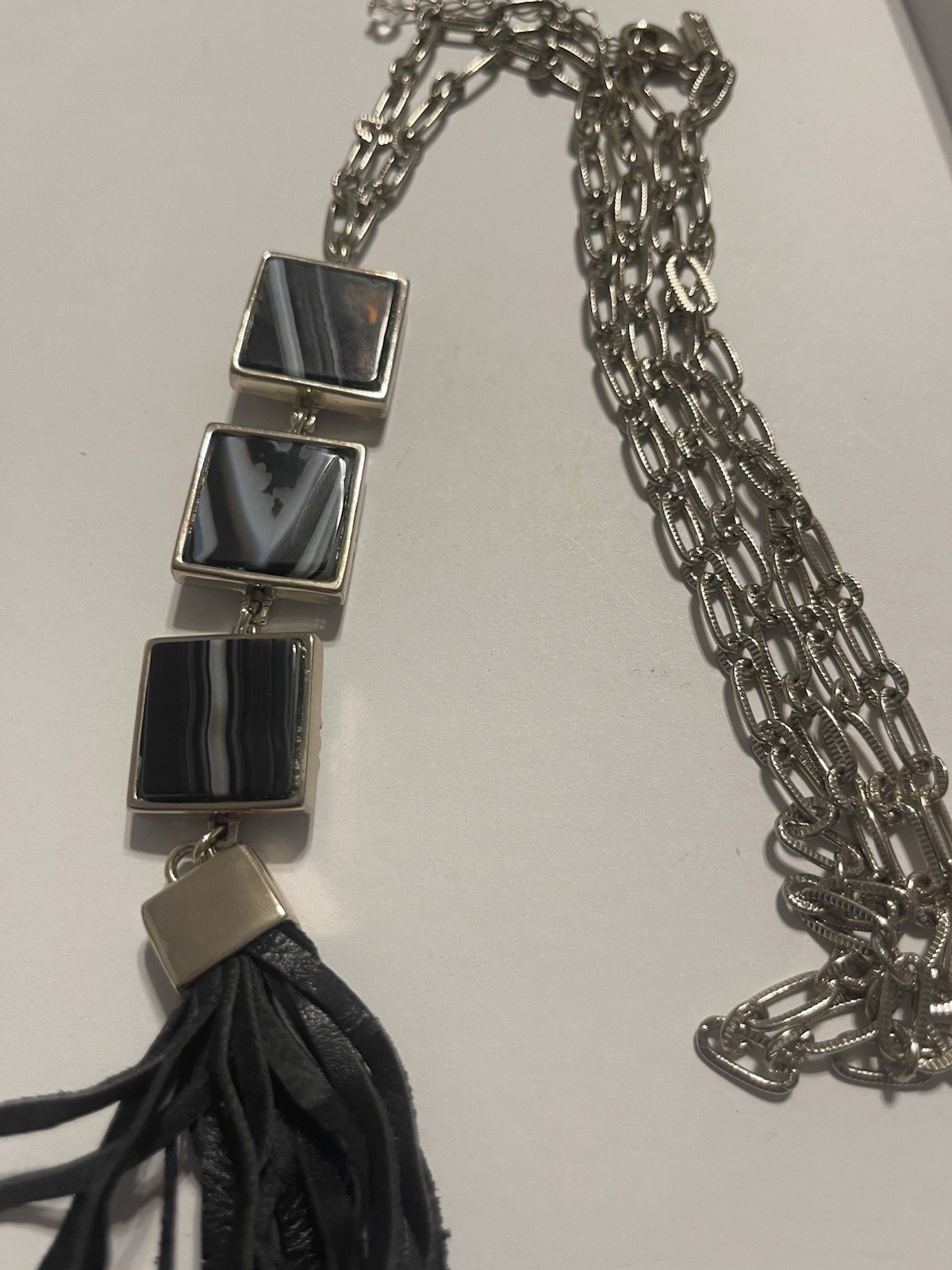 Silver Tone Cable Chain Necklace Agate Square Pendant w/ Tassel Adjustable