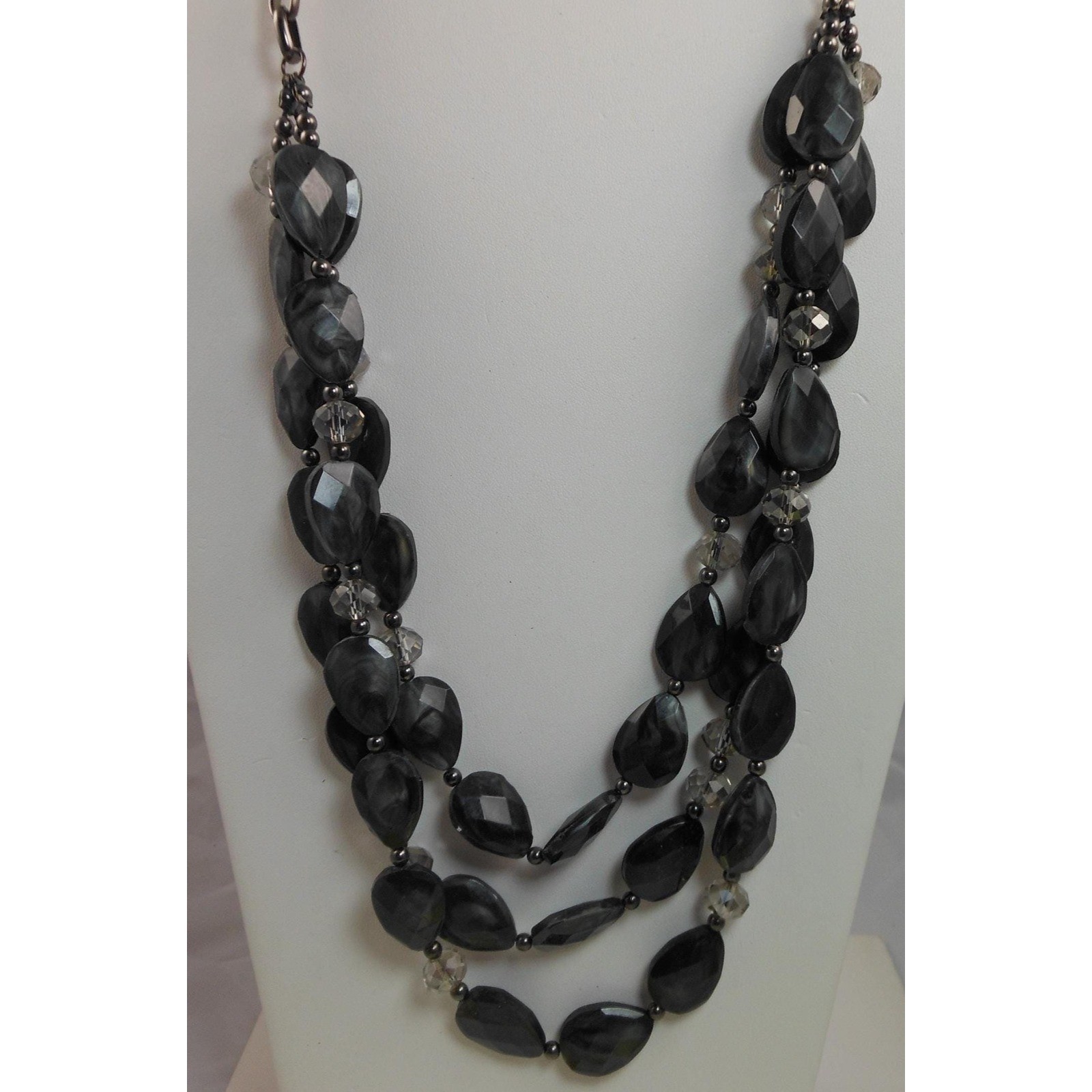 Vintage Three Strand Crystal Pendant Black Grey Necklace – Designer Signed