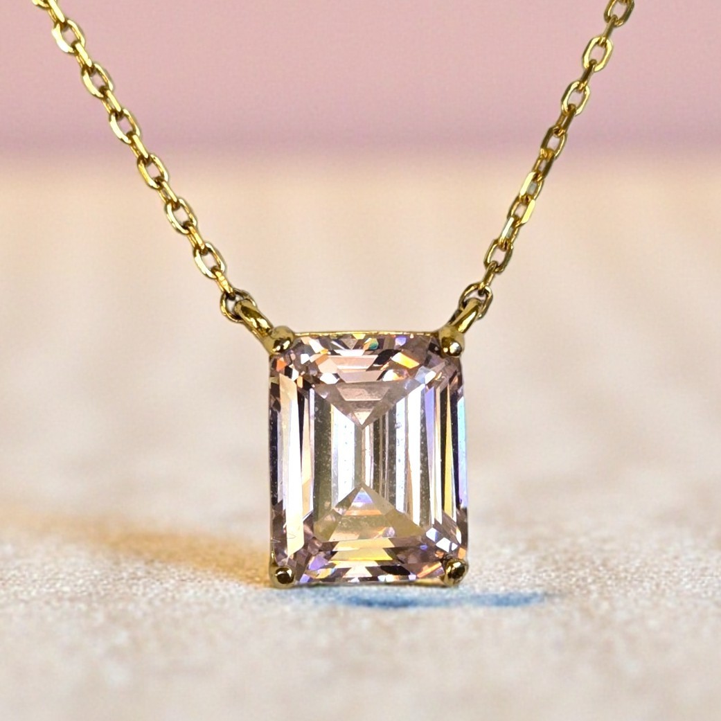 Gold Cake 925 Sterling Silver Pink CZ Emerald Cut Necklace Gold Plated 17″-20″