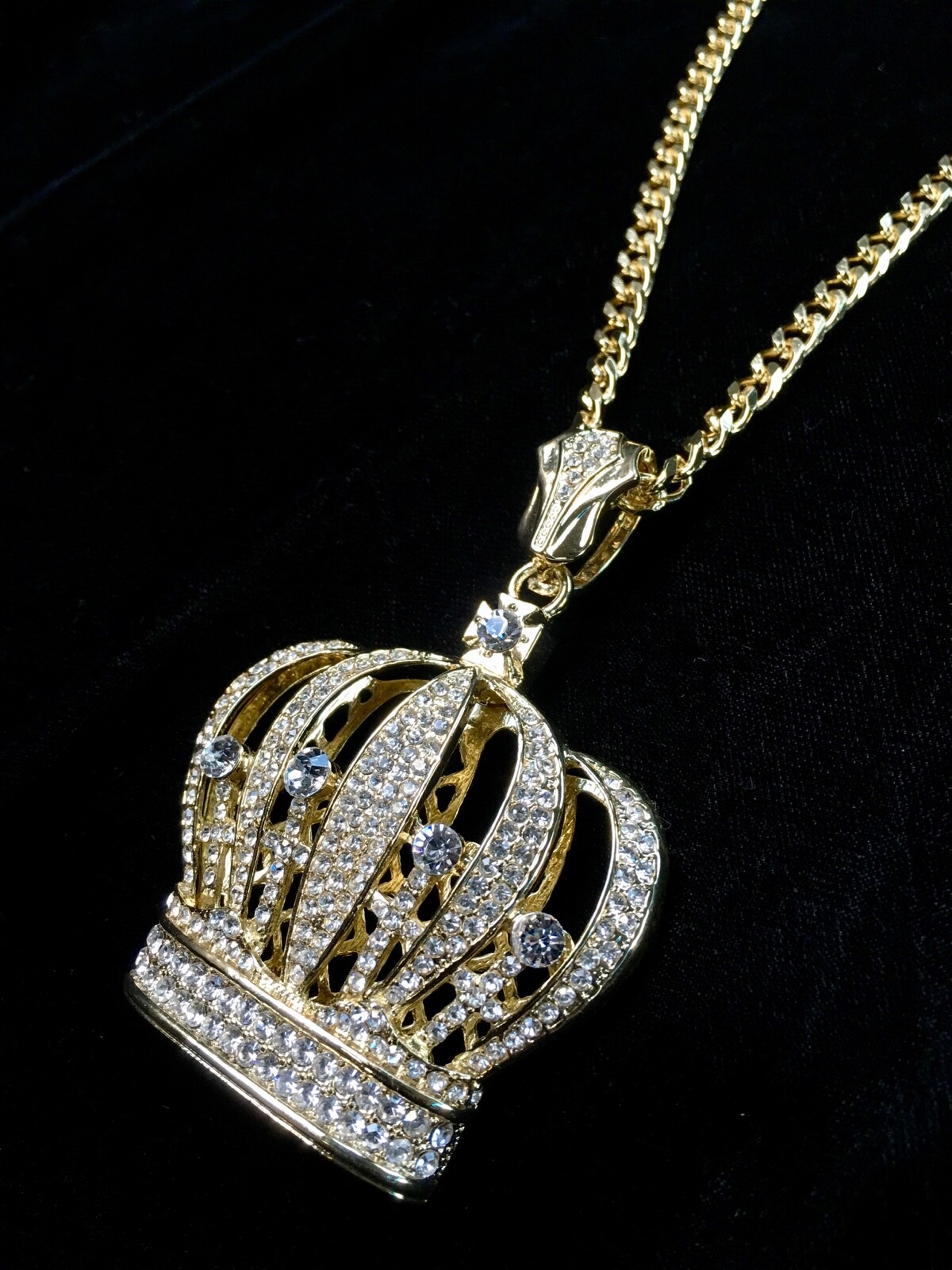 Solid 18K Gold Lab Diamonds BIG CROWN Pendant Chain Necklace *LIFETIME WARRANTY*