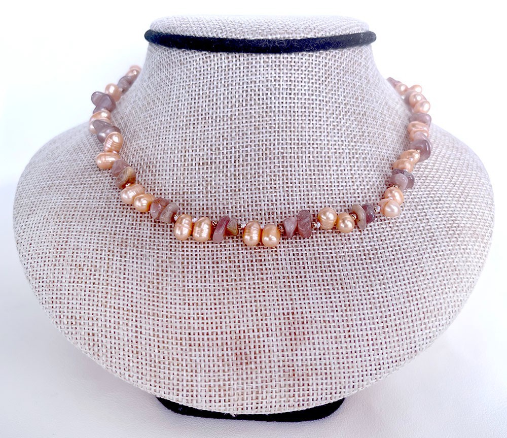 5-8mm chip orange sunstone 6-7mm oval freshwater pearl necklace 15″1/2-17″1/2