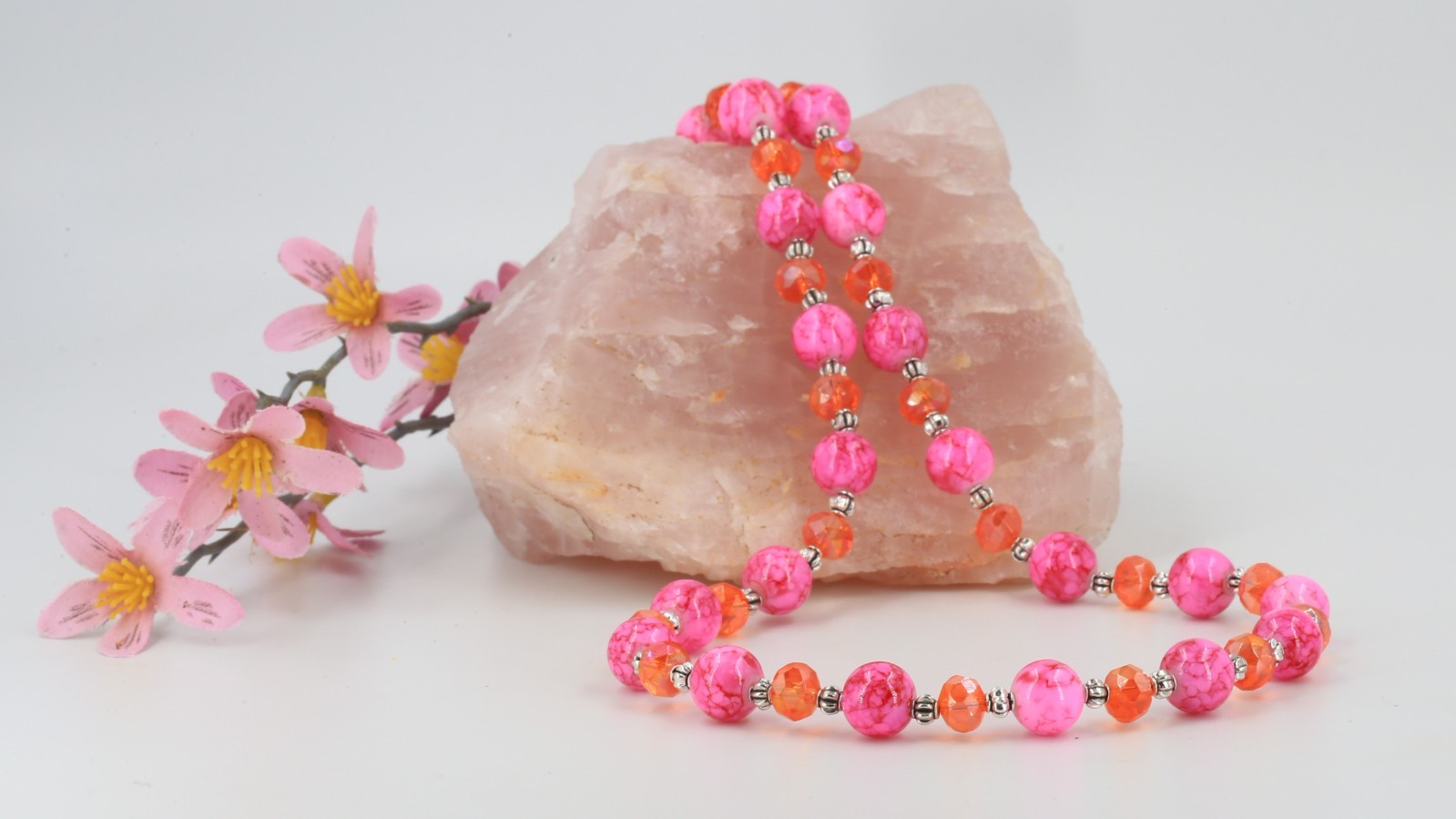 Colourful bright pink mottled glass & orange glass crystal bead silver necklace