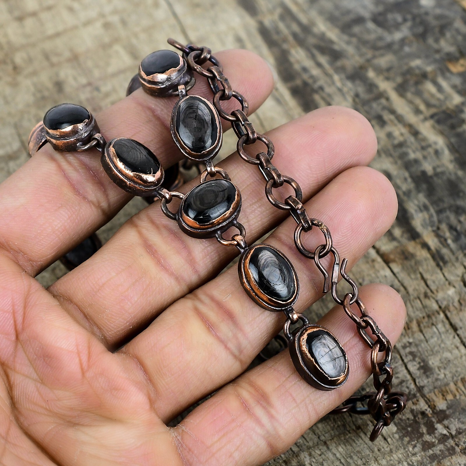 Copper Oval Hypersthene Gemstone Chain Wedding Electroformed Engagement Necklace