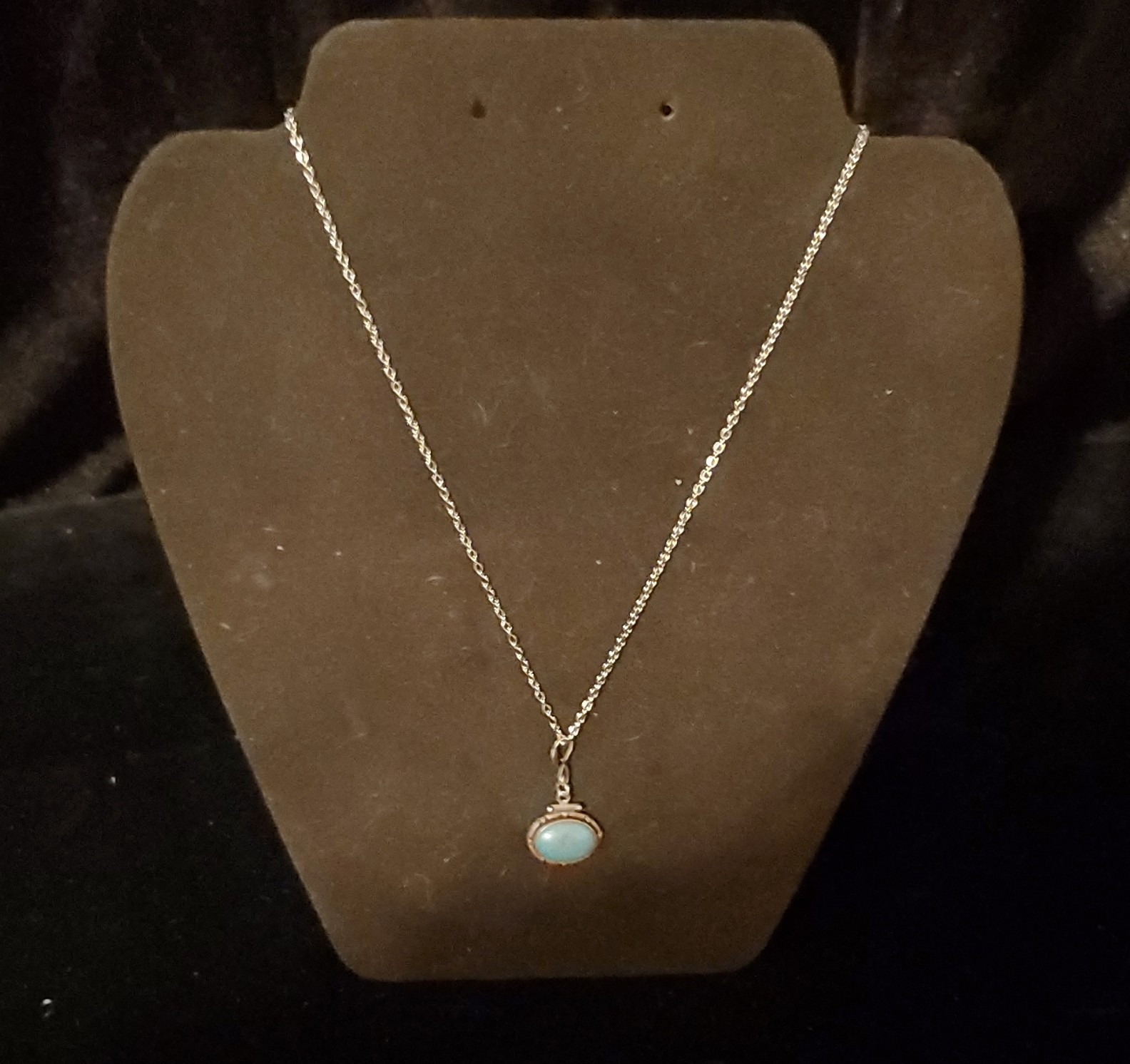 Sterling Silver Signed Oval Turquoise Bezel Pendant Rope Chain, Spring Ring