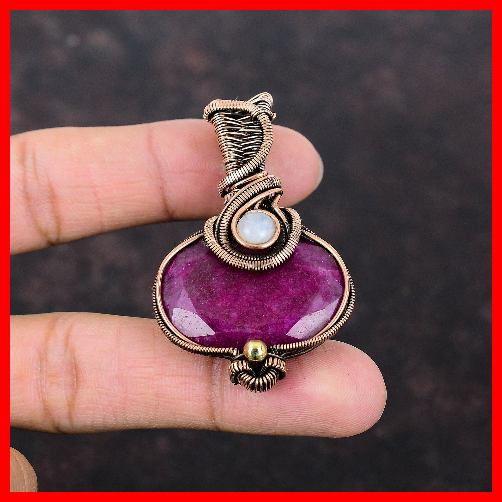 Kashmir Rubi Gemstone Rainbow Moonstone Wife Wire Wrapped Wedding Pendant Copper