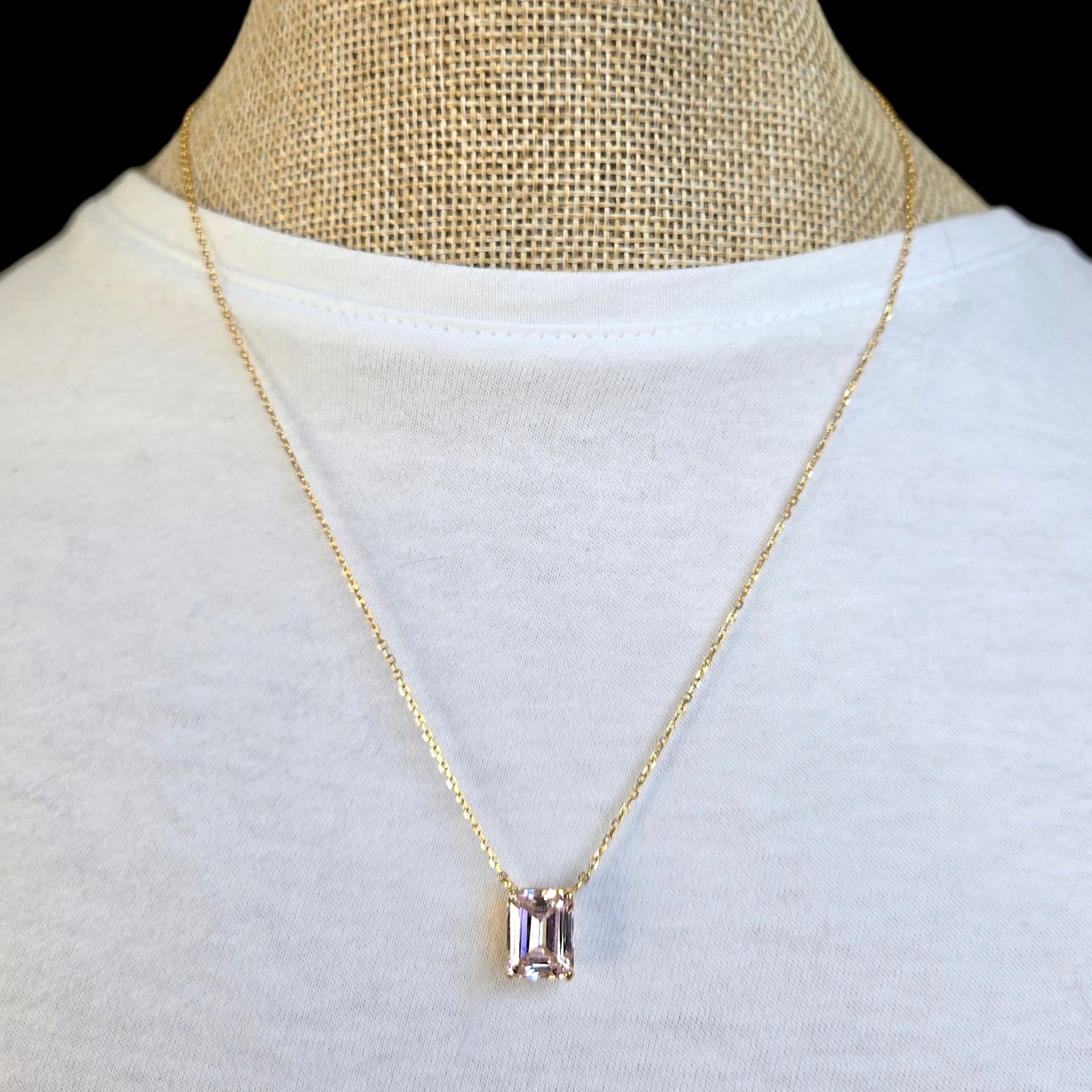 Gold Cake 925 Sterling Silver Pink CZ Emerald Cut Necklace Gold Plated 17″-20″