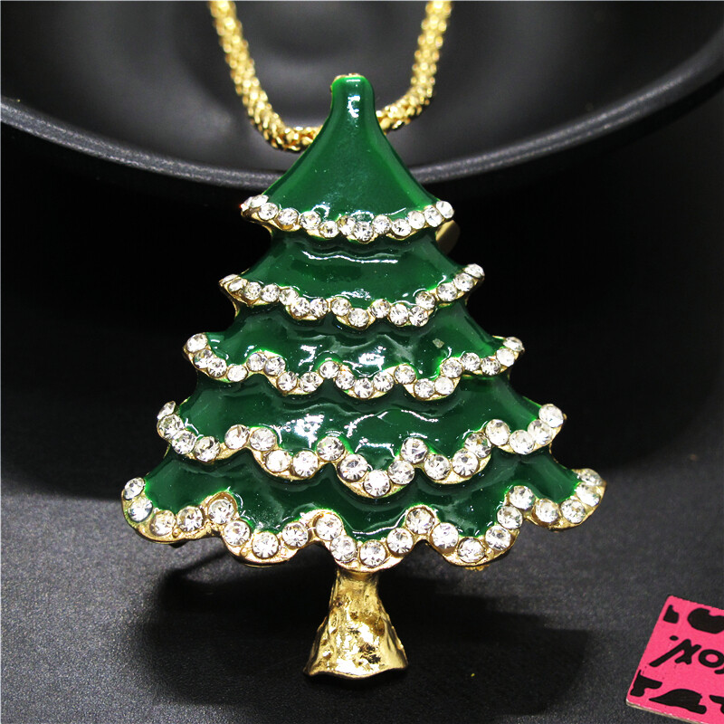 Fashion Women Enamel Green Christmas Tree Rhinestone Pendant Chain Necklace