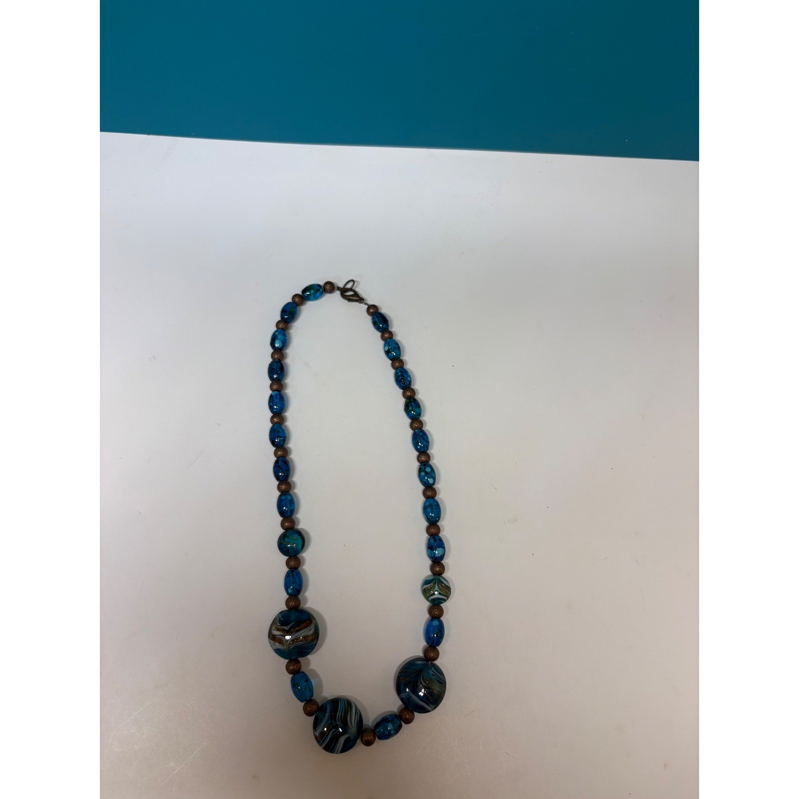 Blue Swirl Art Glass Bead Statement Necklace Bronze Tone Lobster Clasp Boho