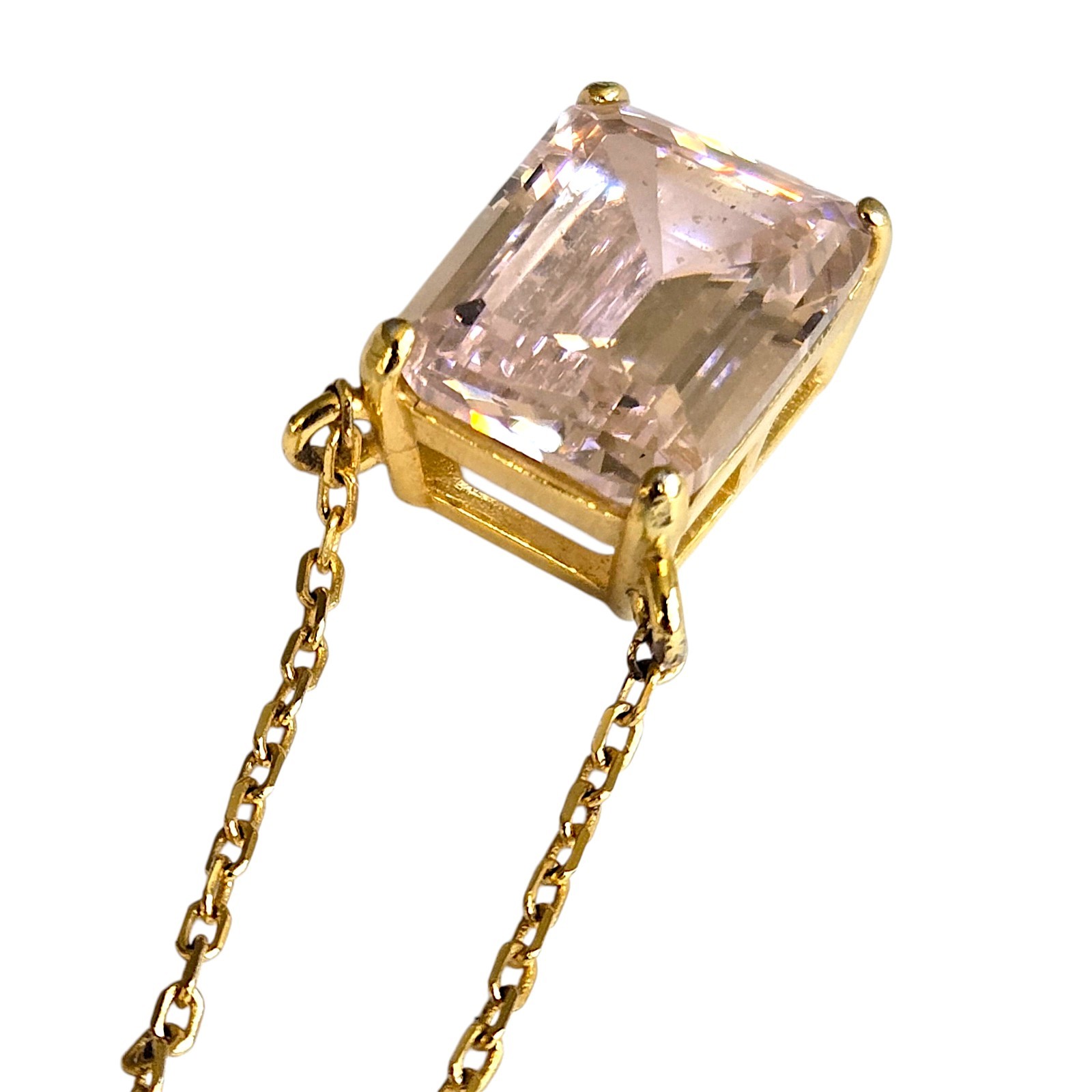Gold Cake 925 Sterling Silver Pink CZ Emerald Cut Necklace Gold Plated 17″-20″