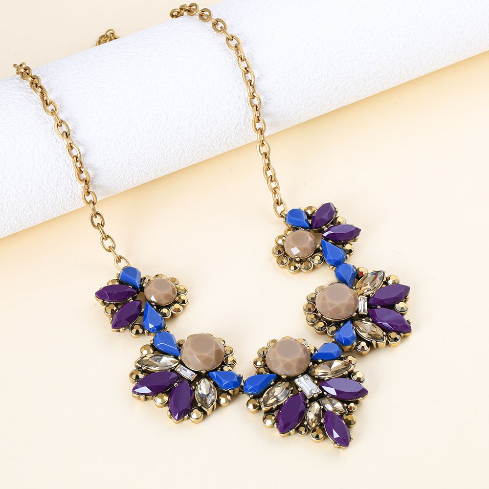 Vintage Colorful Resin Floral Bib Necklace Gold Plated Rhinestone For Women