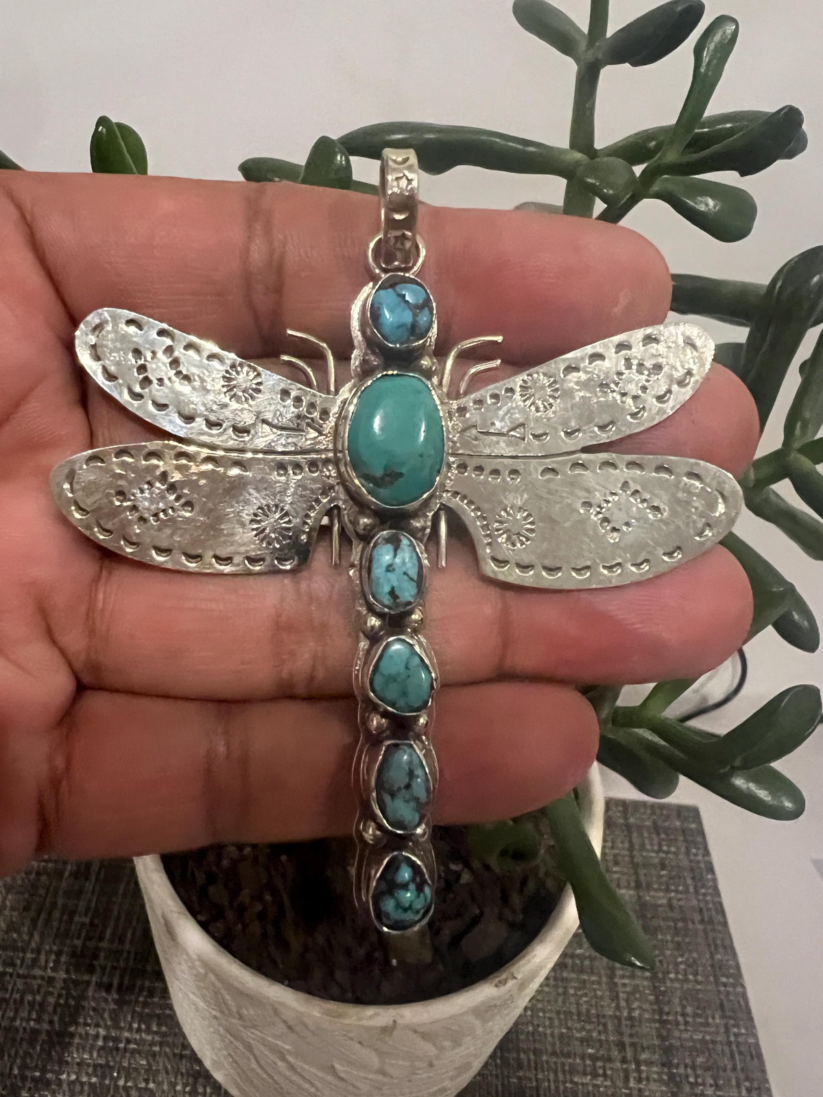 Dragon fly with Natural Turquoise pendant, Tibetan repousse silver(P-115)