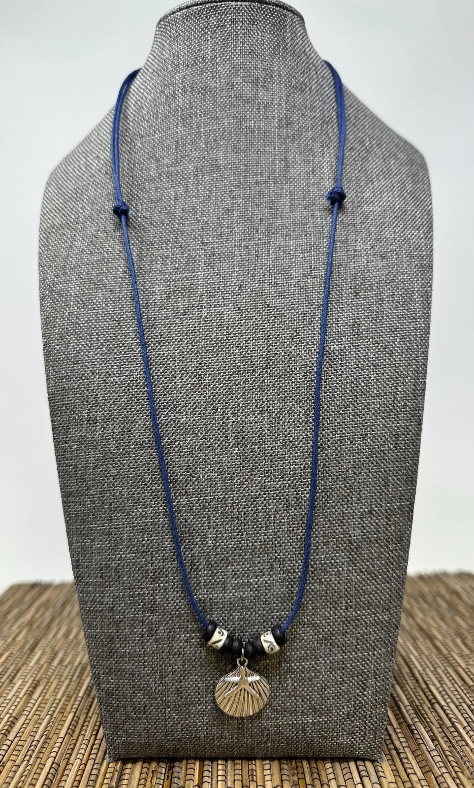 Seashell & Starfish Pendant Necklace | Silver Tone | Navy Blue Cord | Beach