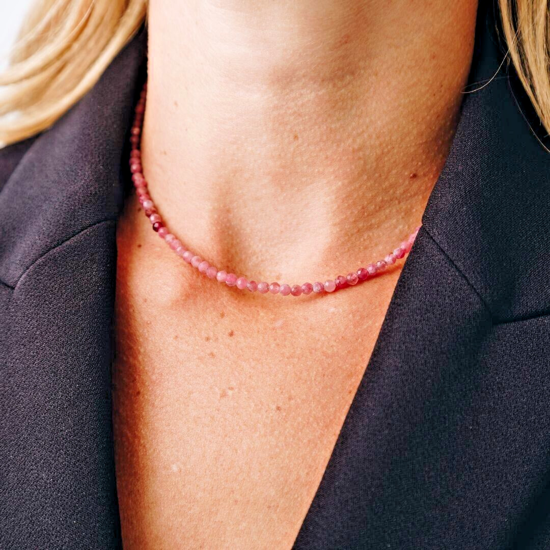 Natural Pink Tourmaline 2mm Beaded Choker Minimalist Dainty Crystal Necklace