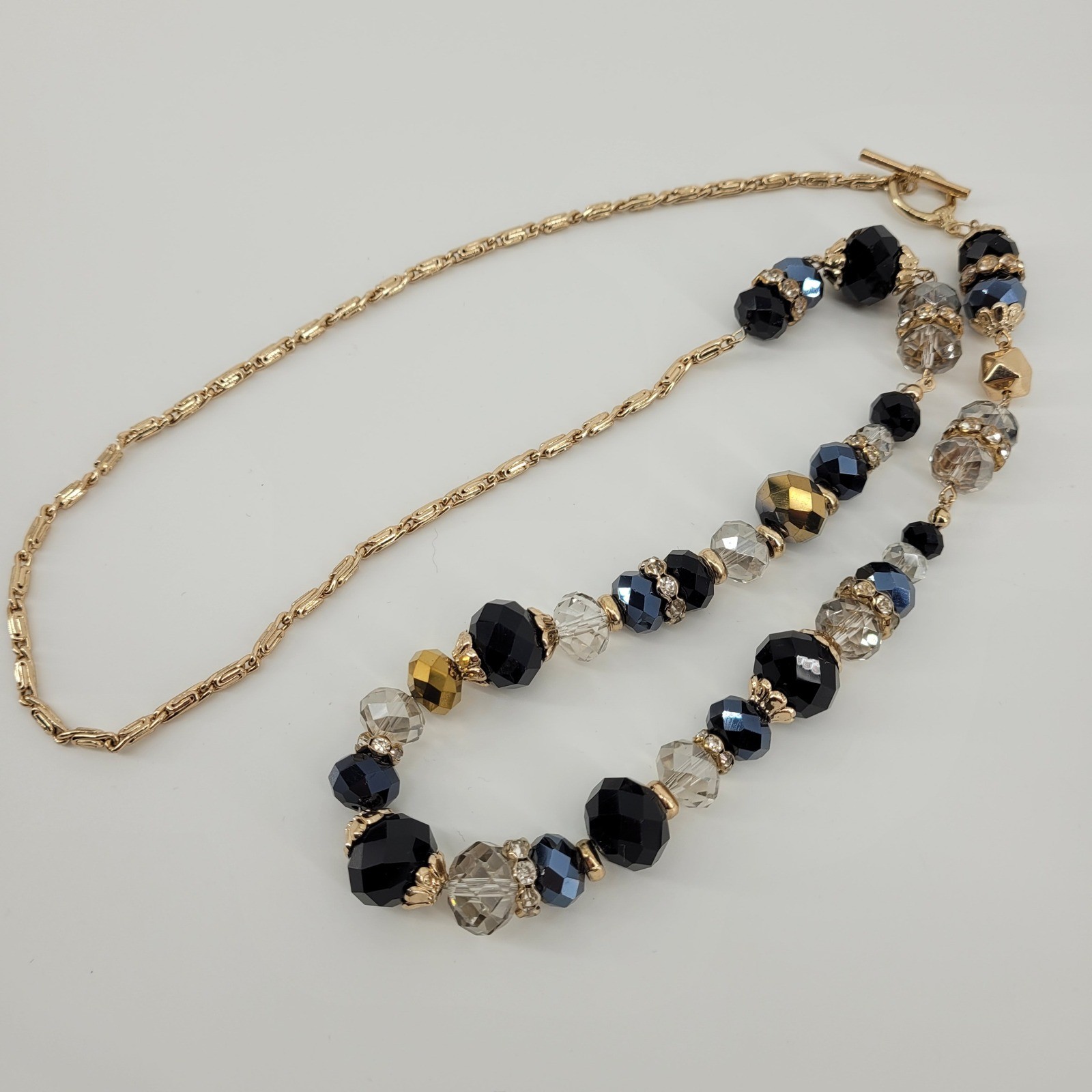 Glam Black Grey Gold Tone Statement Necklace Faceted Crystal Beaded Rhinestone