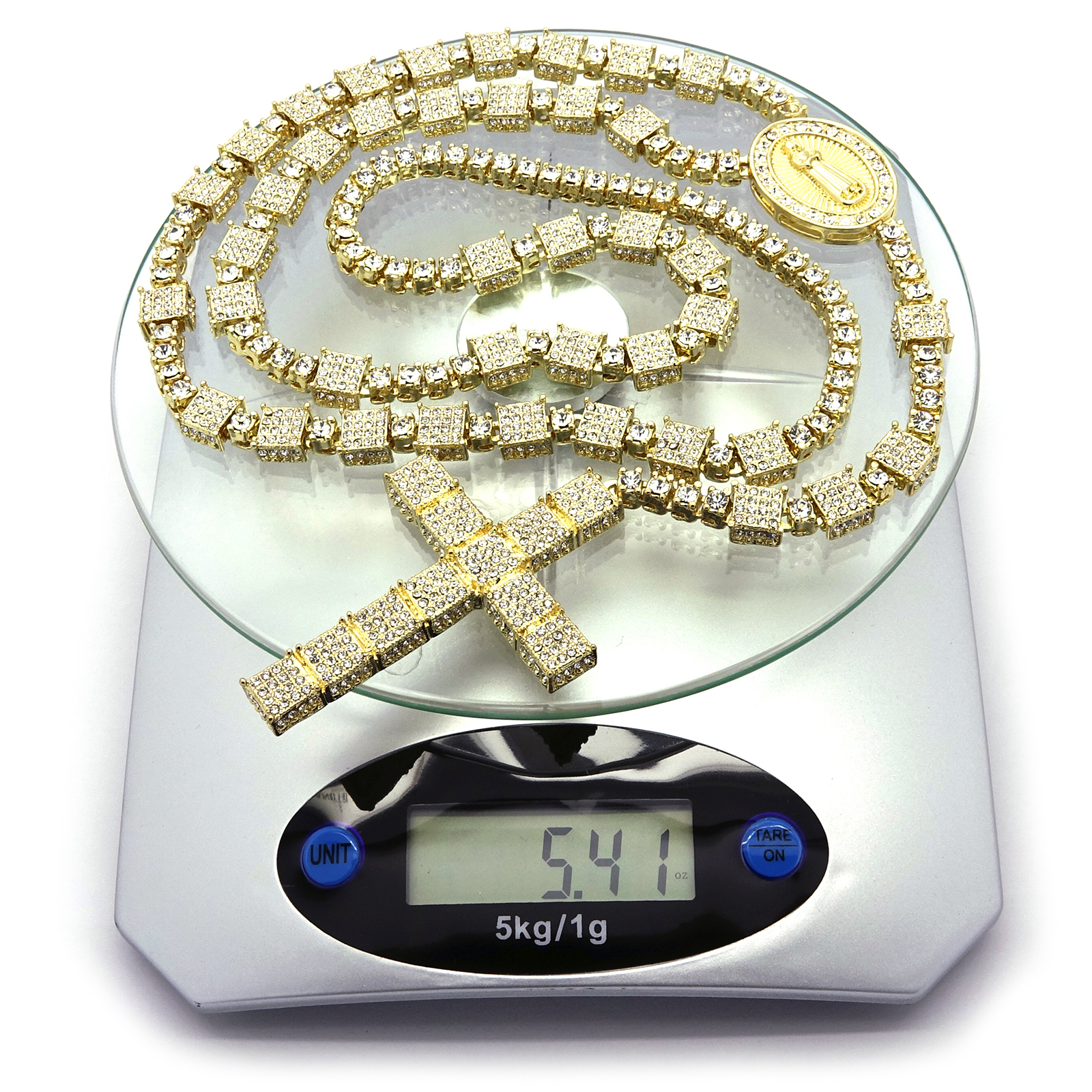 14k Gold Plated Cubic-Zirconia Rosary 3D Cube Cluster Guadalupe Necklace Cross