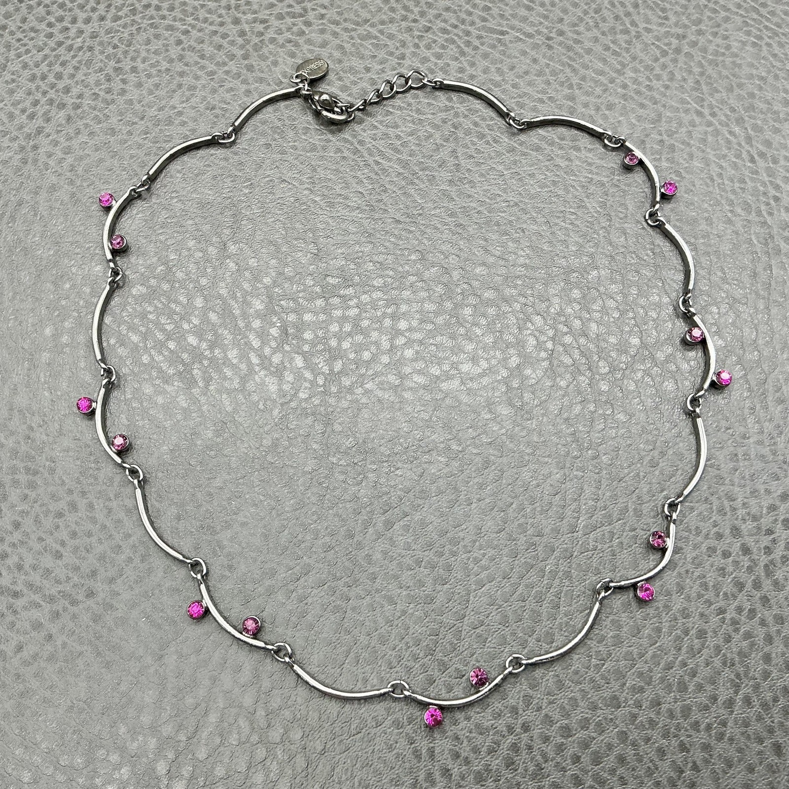 Express Necklace Womens Silver Tone Pink Crystal Station Wave Bar Adjustable 16″