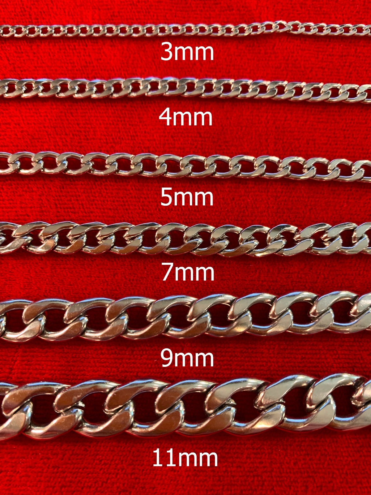 STAINLESS STEEL CUBAN CURB SILVER CHAIN WOMEN MEN 7″-44″, 3/4/5/6/7/9/11mm