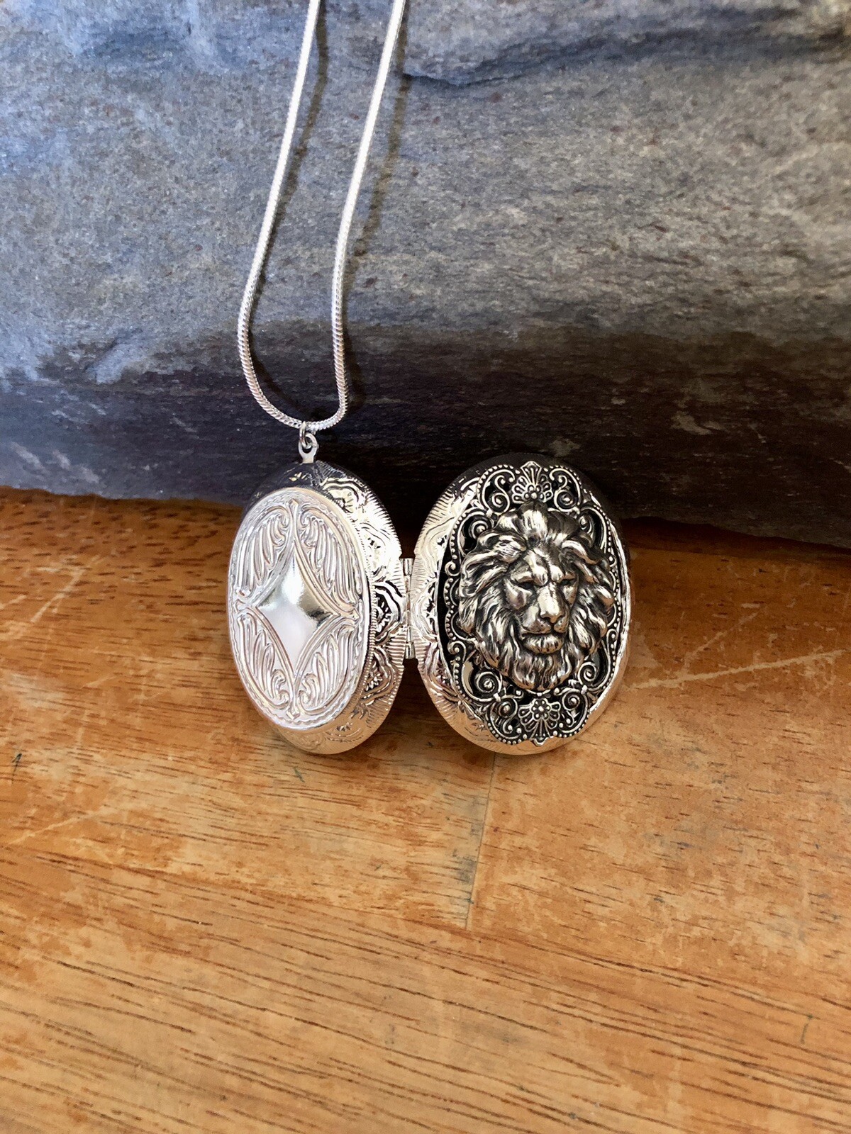 Lion Head Locket Necklace Art Nouveau Photo Pendant, 925 Sterling Silver Chain