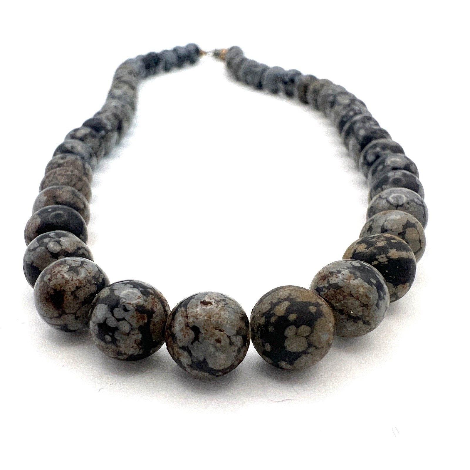Snowflake Obsidian Beaded Necklace Black Grey Natural Stone 16 Inch Gold Clasp