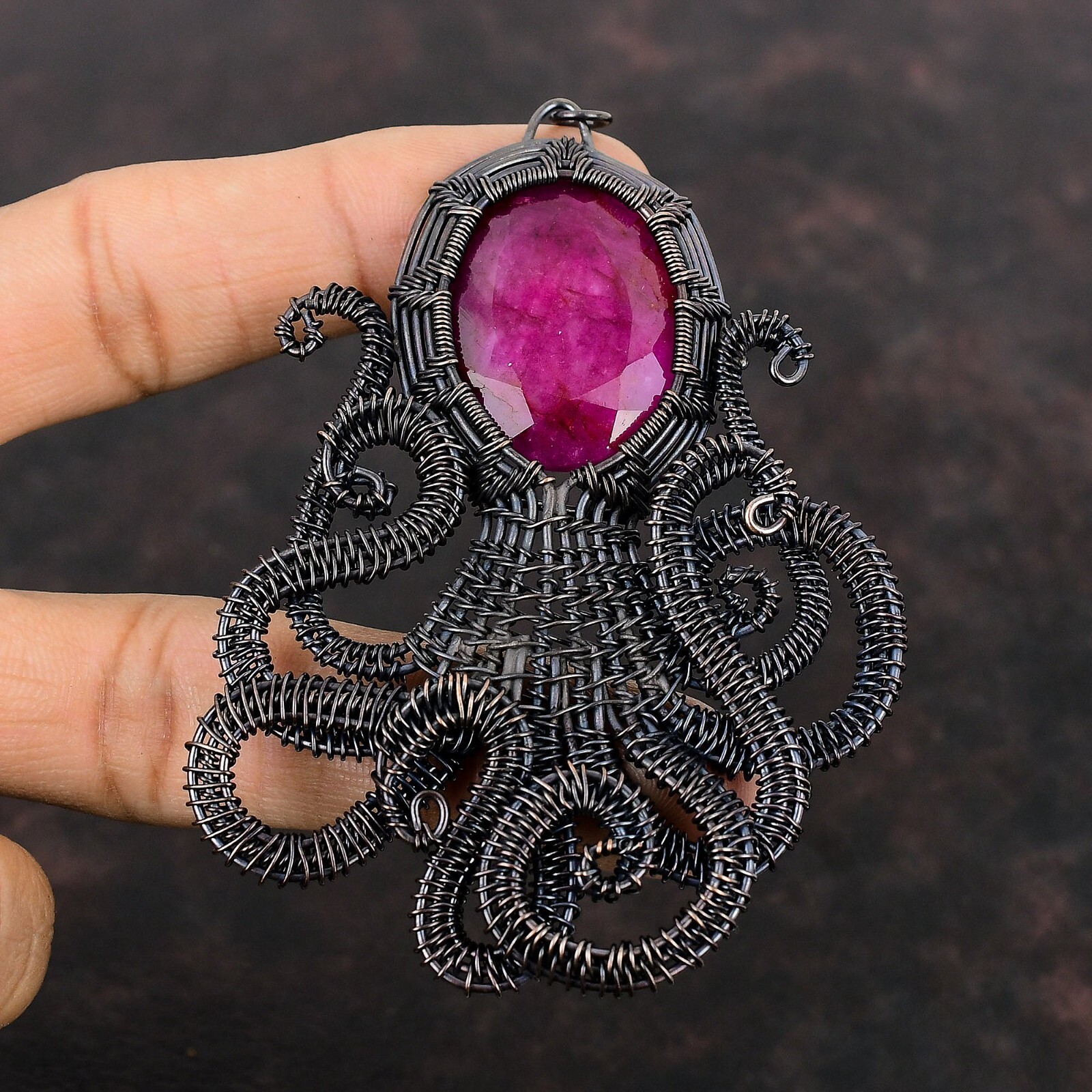 Kashmir Ruby Copper Gift For Bridesmaid Wire Wrapped Octopus Pendant 3.66″