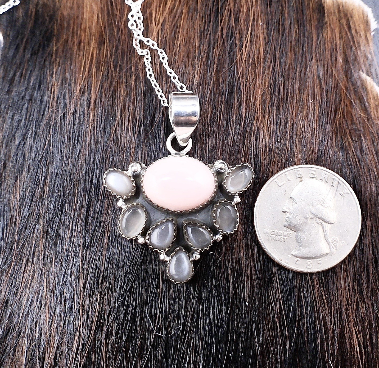 Genuine Queen Pink Conch & Moonstone Pendant with 925 Sterling Silver Chain