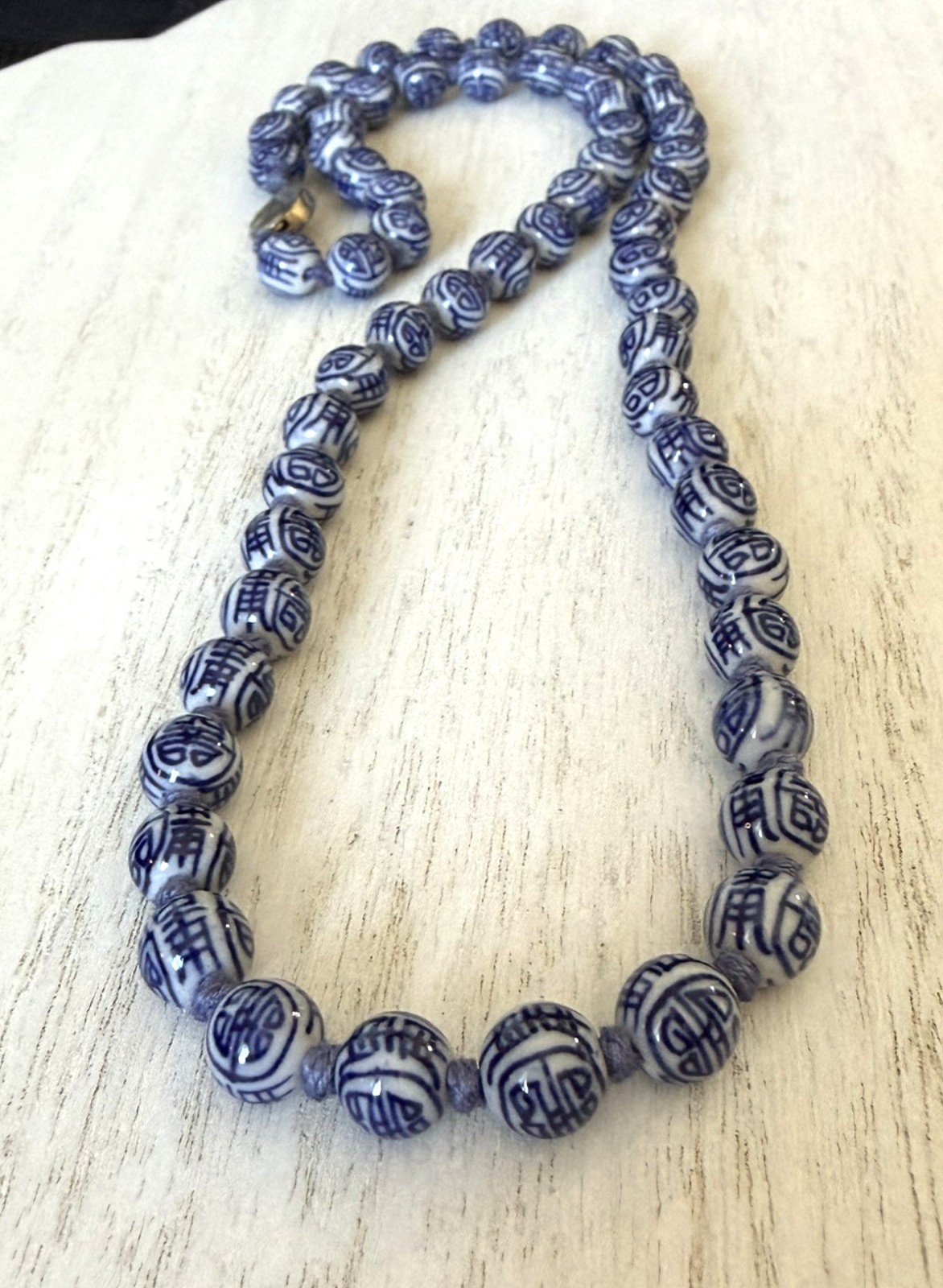 Vintage Chinese Necklace Blue White Porcelain SHOU Longevity Beads 24″ Knotted