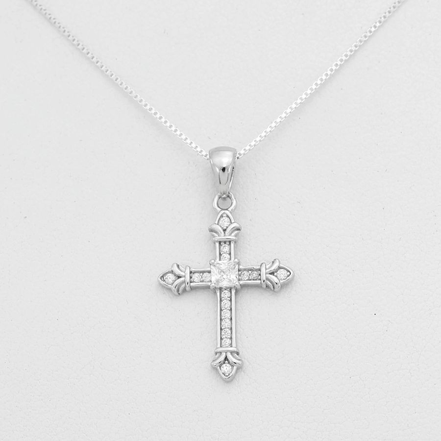 Women’s Sterling Silver 925.CROSS 26mm Cubic zirconia Mini Pendant 18″Chain,Box