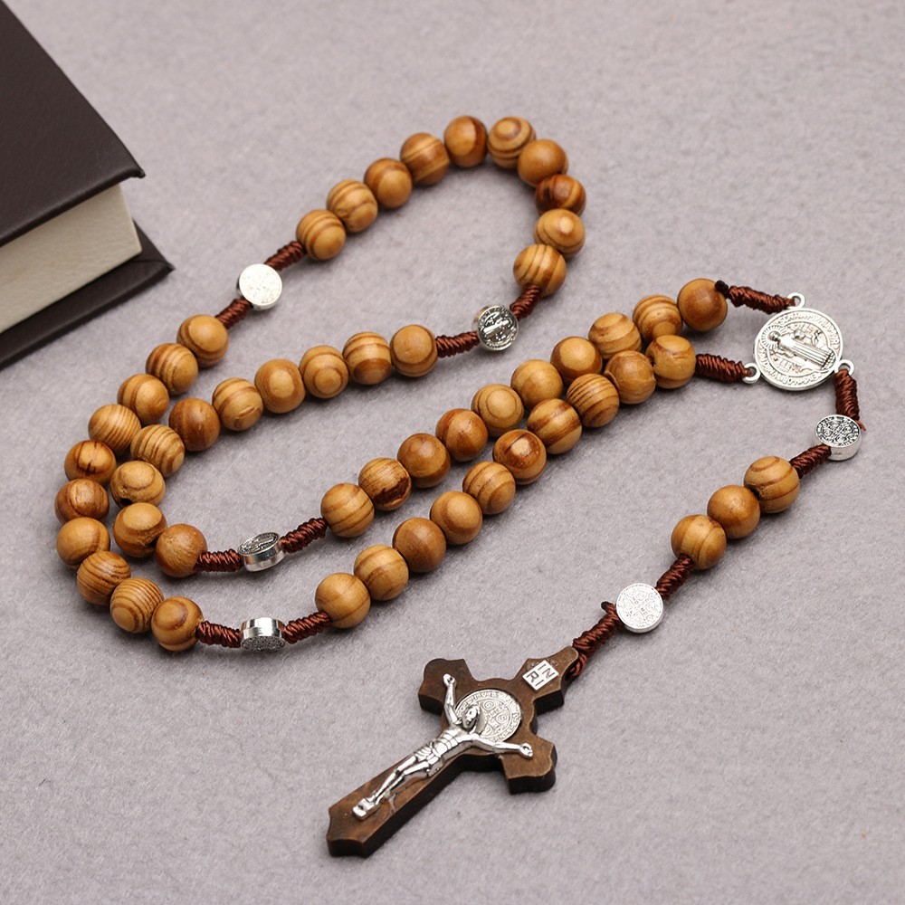 10mm Wood Beads Rosary Cross Necklace for Women Men Christian Virgin Mary Inri P
