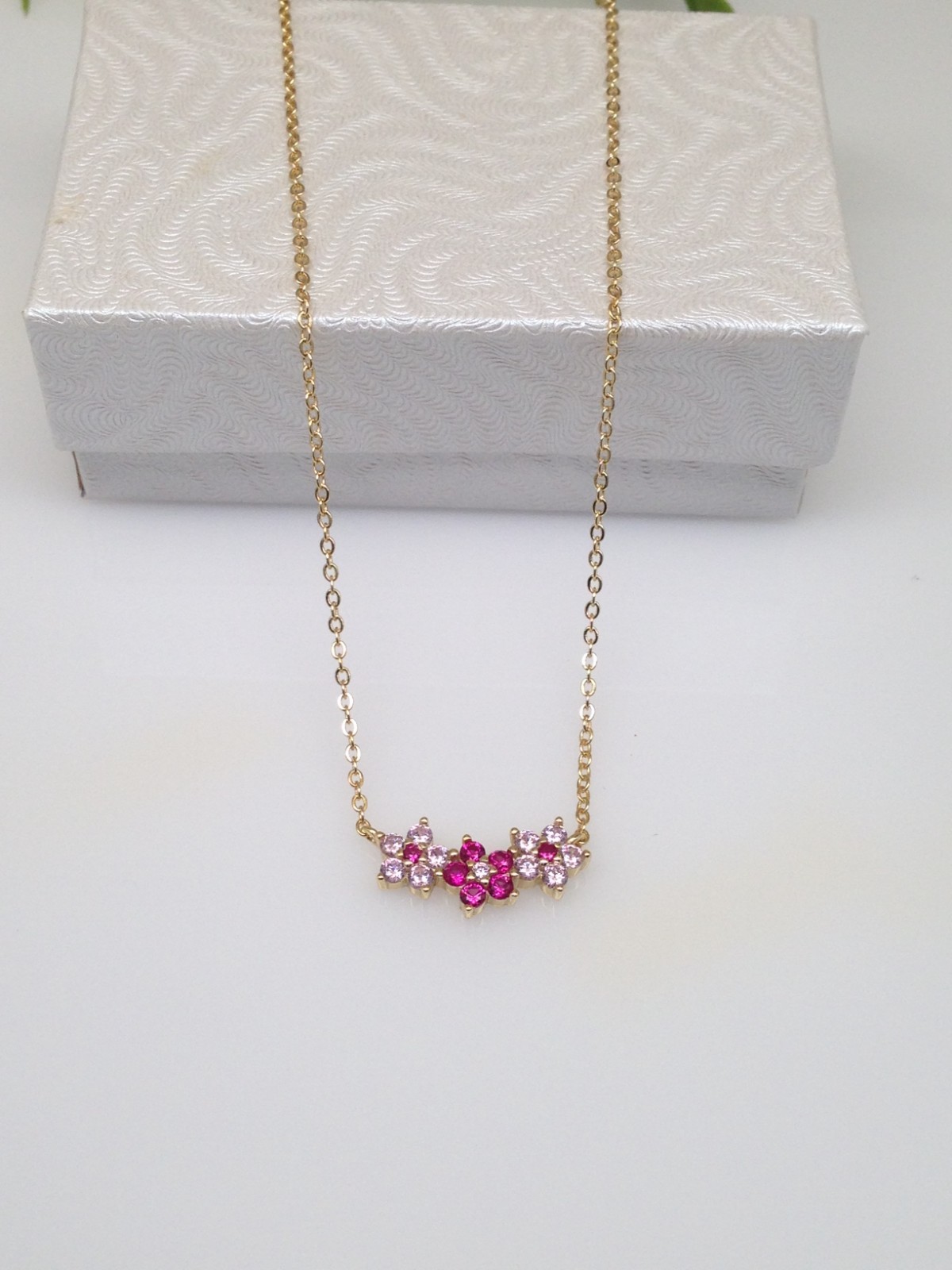 925 Sterling Silver CZ Pink Flower Pendant Gold Necklace Three Flower 16mm 17.5″