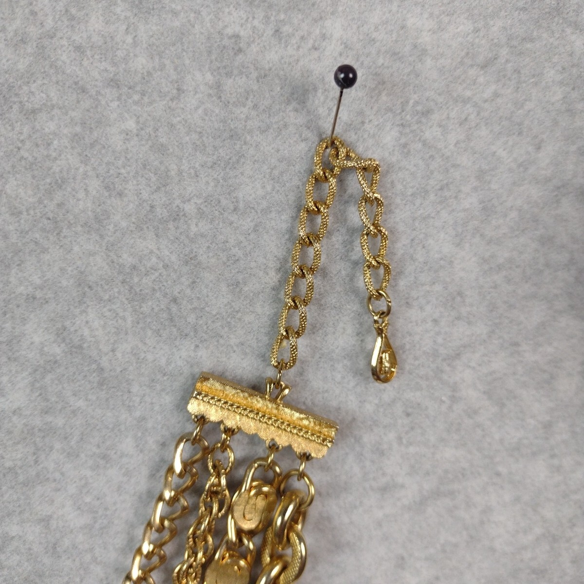 Gold Tone Hoop Closure Four Layer Chain Necklace Various Ornate Chain Styles