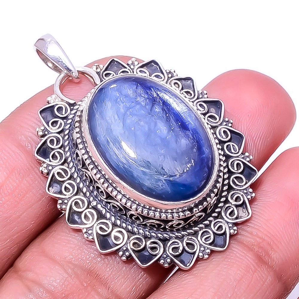 Natural Kyanite – Nepal Fine Art 925 Sterling Silver Pendant 1.76″ P_9395_205_30