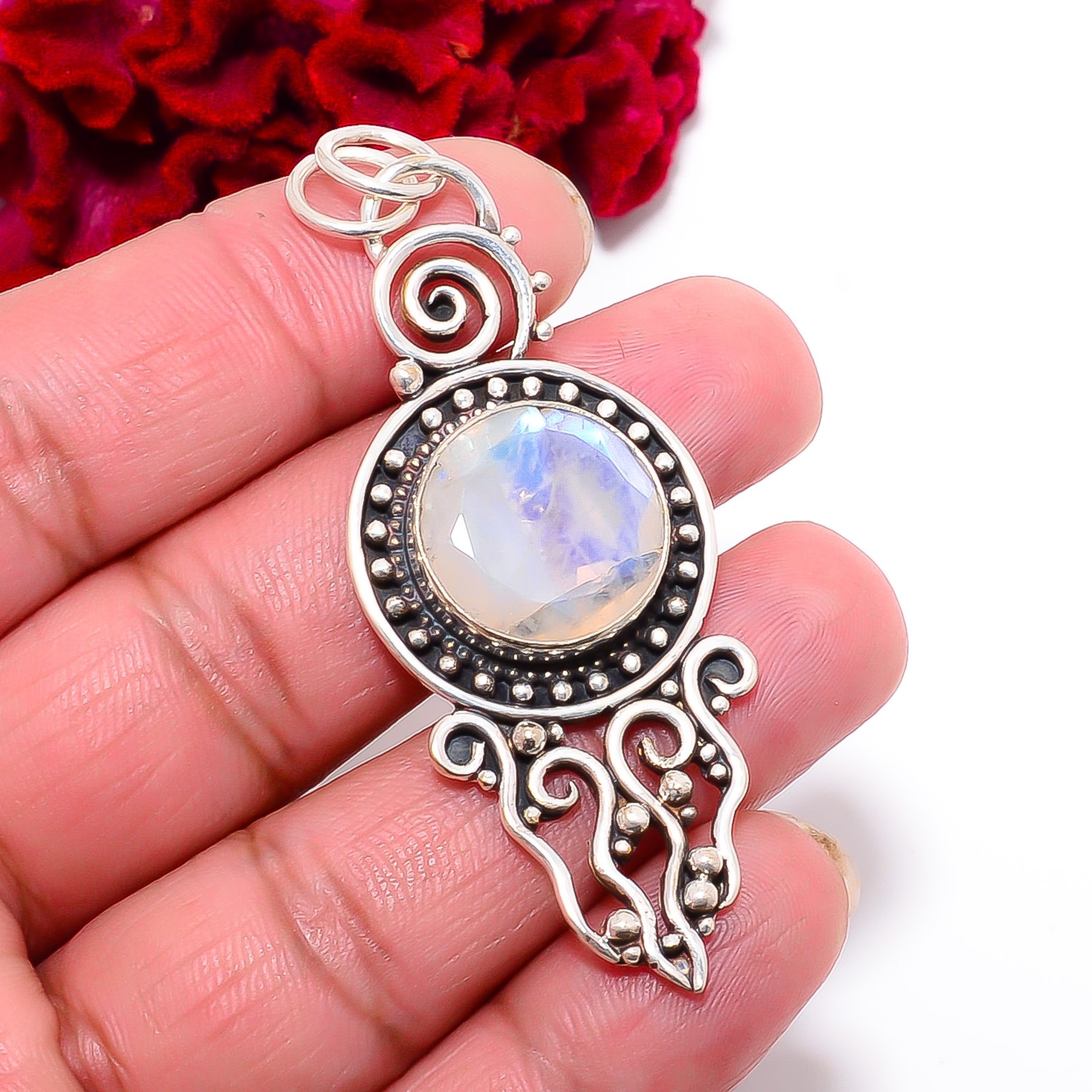 Rainbow Moonstone – India Handmade 925 Sterling Silver Pendant 2.34″ P27