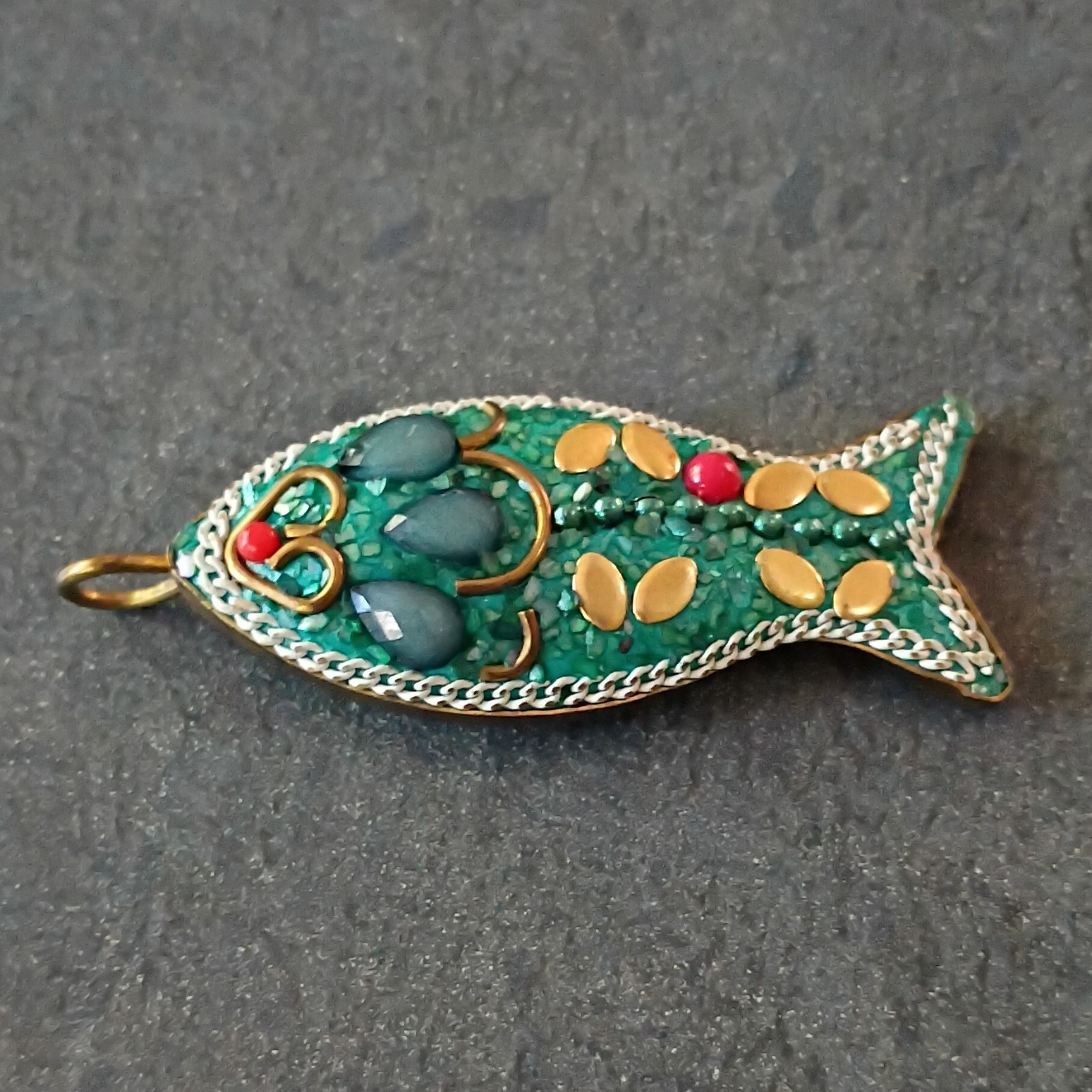 Fish Sea Life Charm Pendant Bronze Tone Metal Green Enamel Blue Cabochon Bail