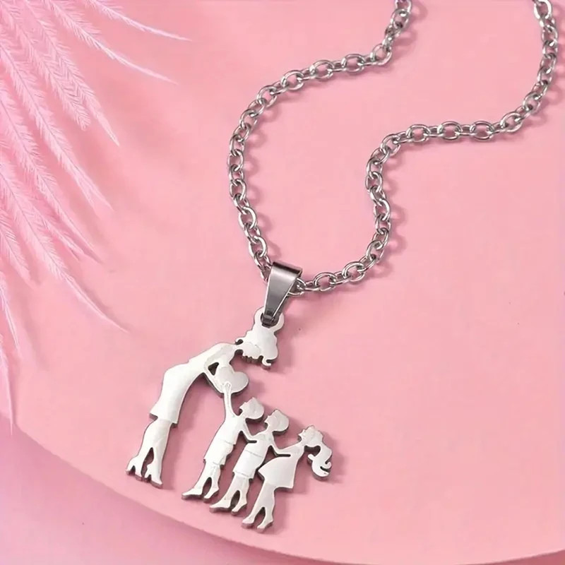 Mother Child Heart Necklace Stainless Steel Family Figure Pendant Jewelry