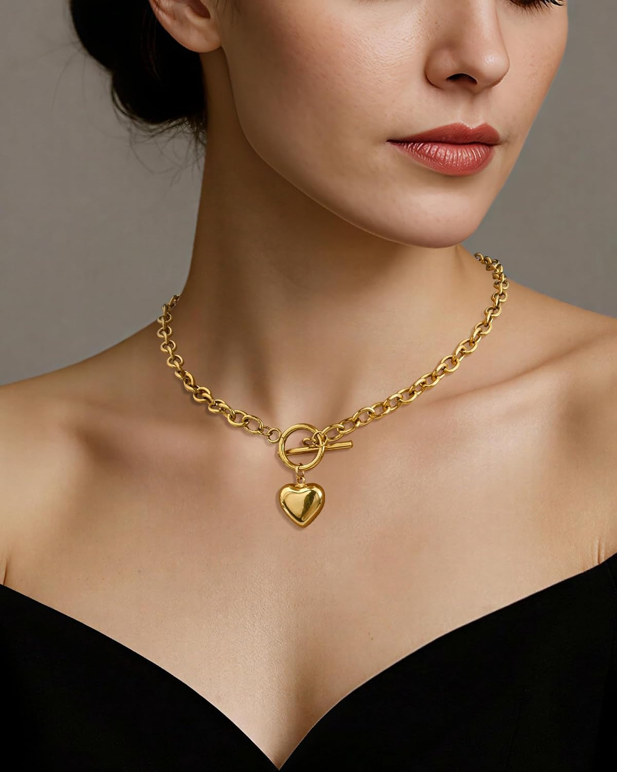 14K Gold Plated Heart Pendant Necklace for Women Trendy Chunky Link Chain Toggle