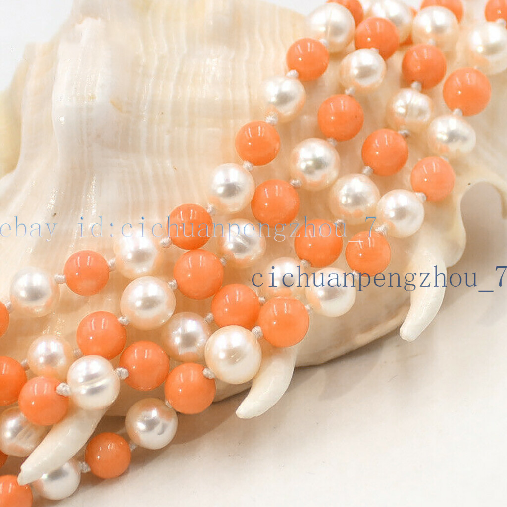 Natural 6-7mm White Pearl 8mm Orange Coral Round Beads Necklace 16-100”