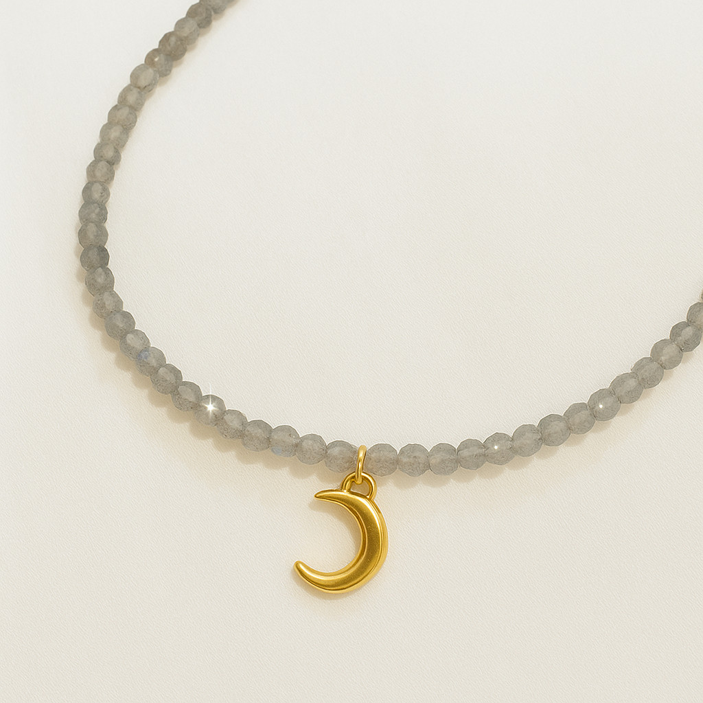 Beaded Labradorite Choker Necklace Moon Pendant 18k Gold Plated Artisan Handmade