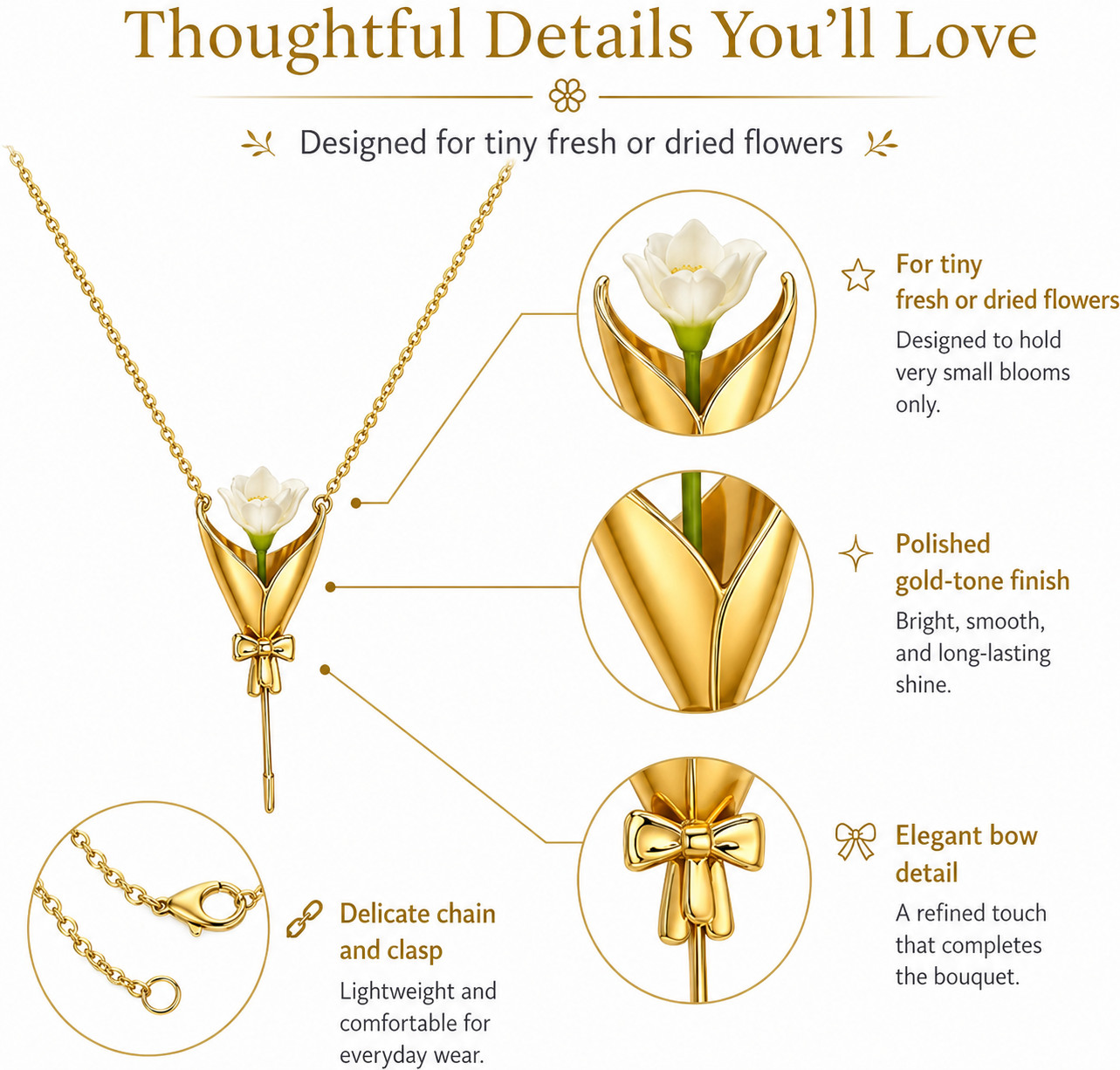 Flower Bouquet Vase Necklace Real Dried Flower Holder Pendant Gift for Women