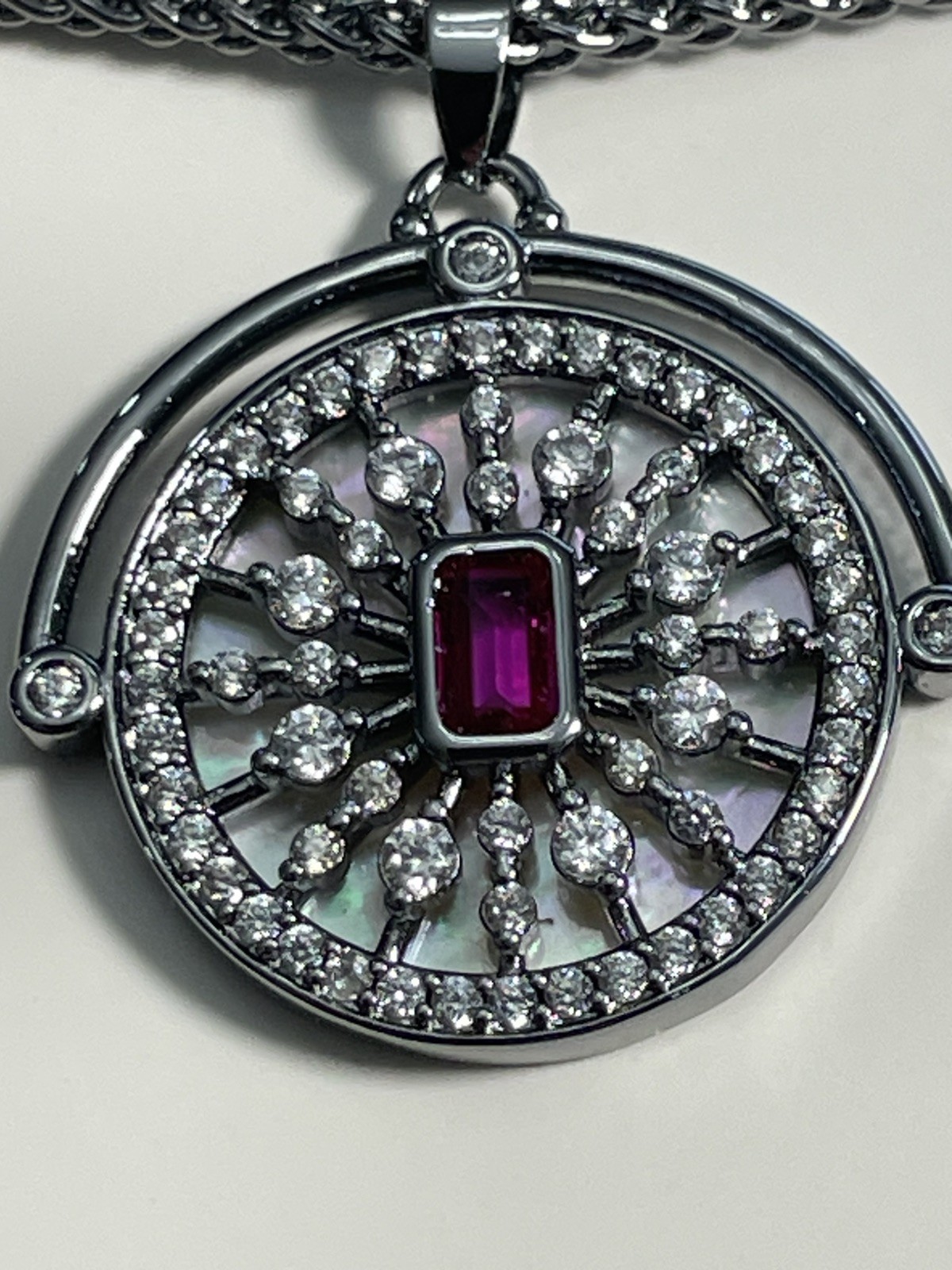 Bomb Party-July “The Emerson Necklace” Hematite/Ruby & CZ, Reversible, NIB