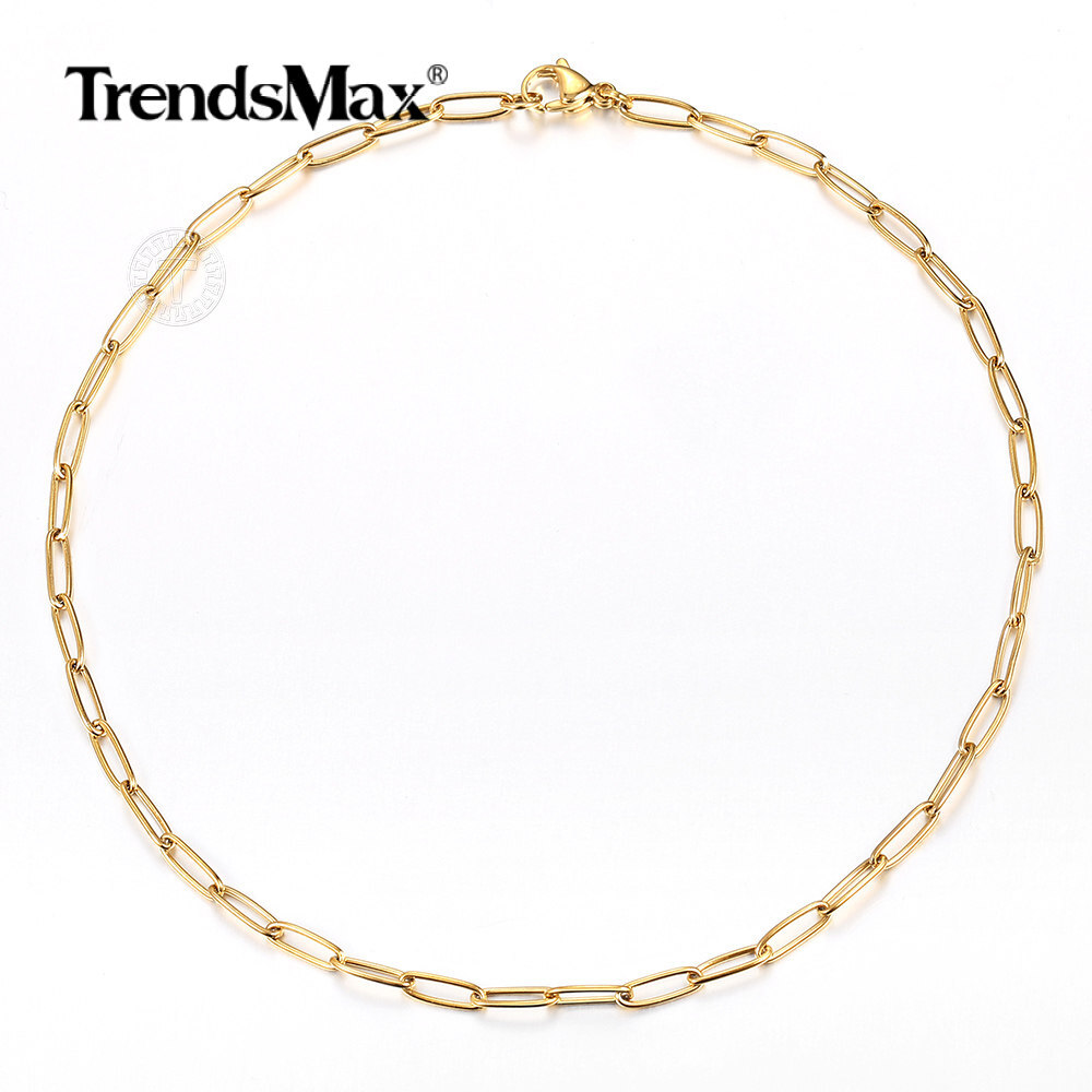 4MM 16+18+20″ Gold Plated Stainless Steel Paperclip Chain Necklaces Chokers 3Pcs