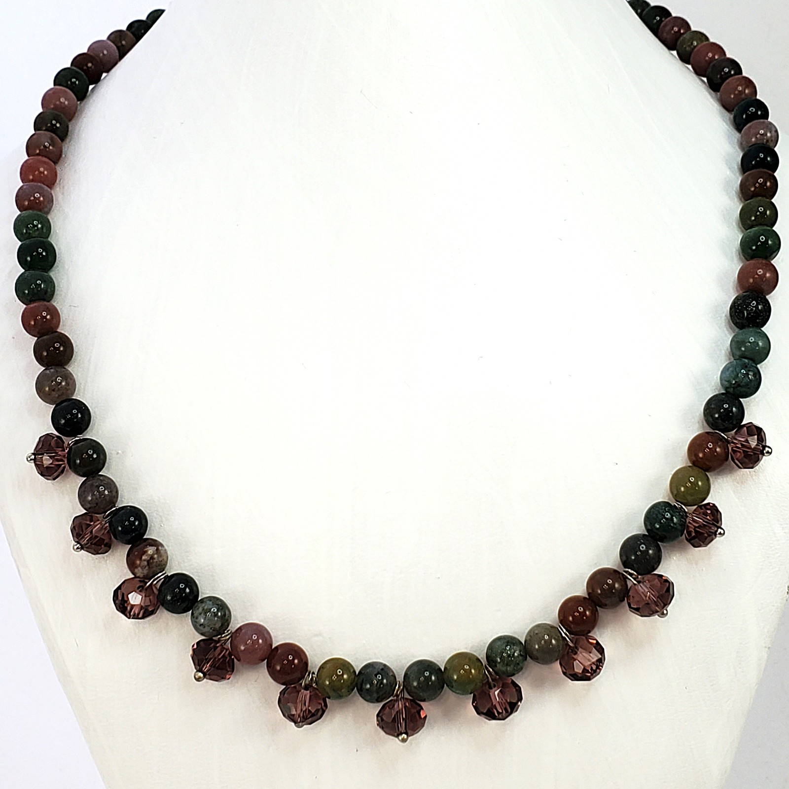 Semiprecious STONE and Dangly Glass Bead Necklace Silver Tone 18″ to 20.5″