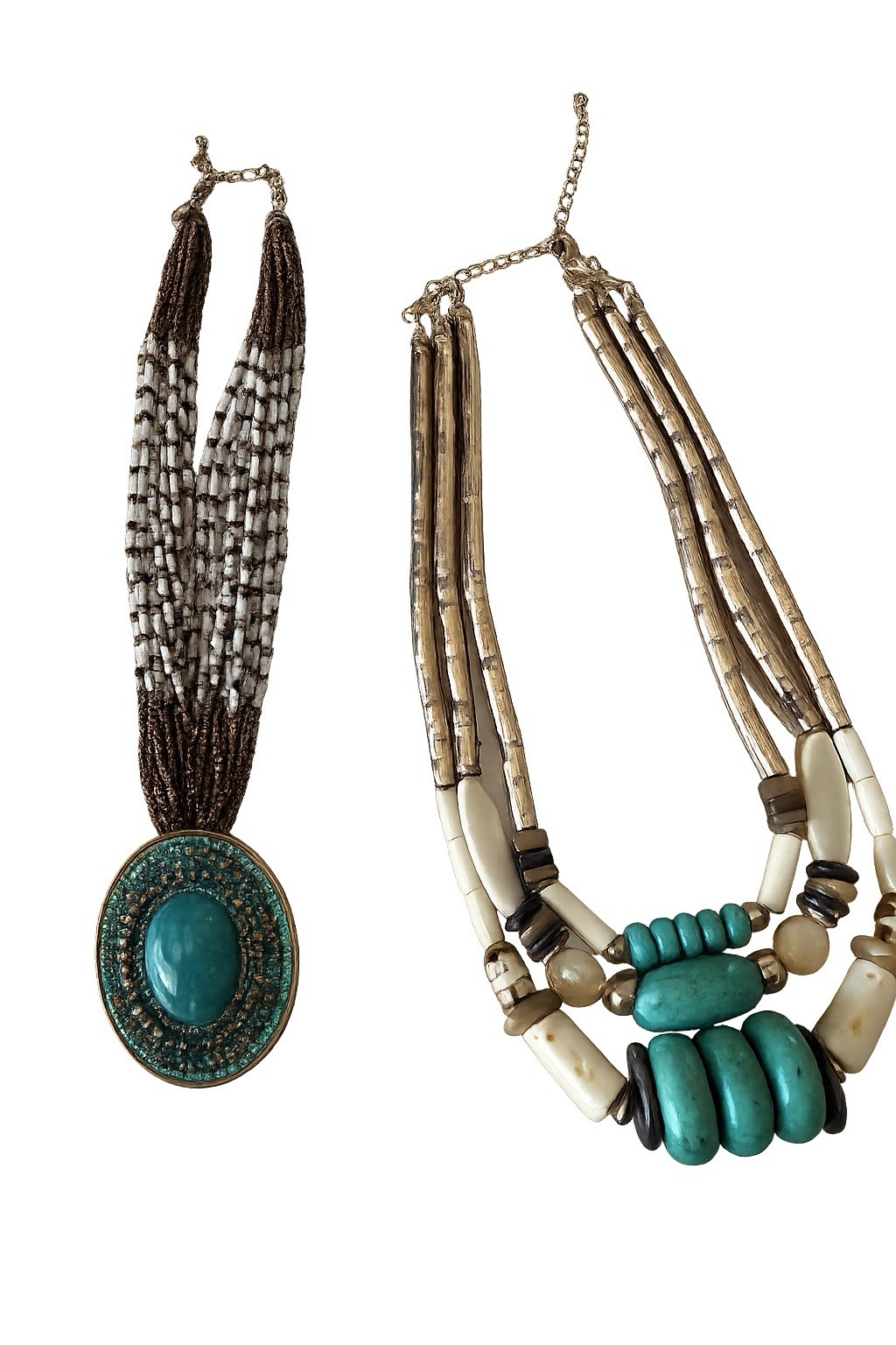 Lot of 2 Multi-Strand Chicos Necklaces w/ Oval Turquoise Pendant, Bohemian
