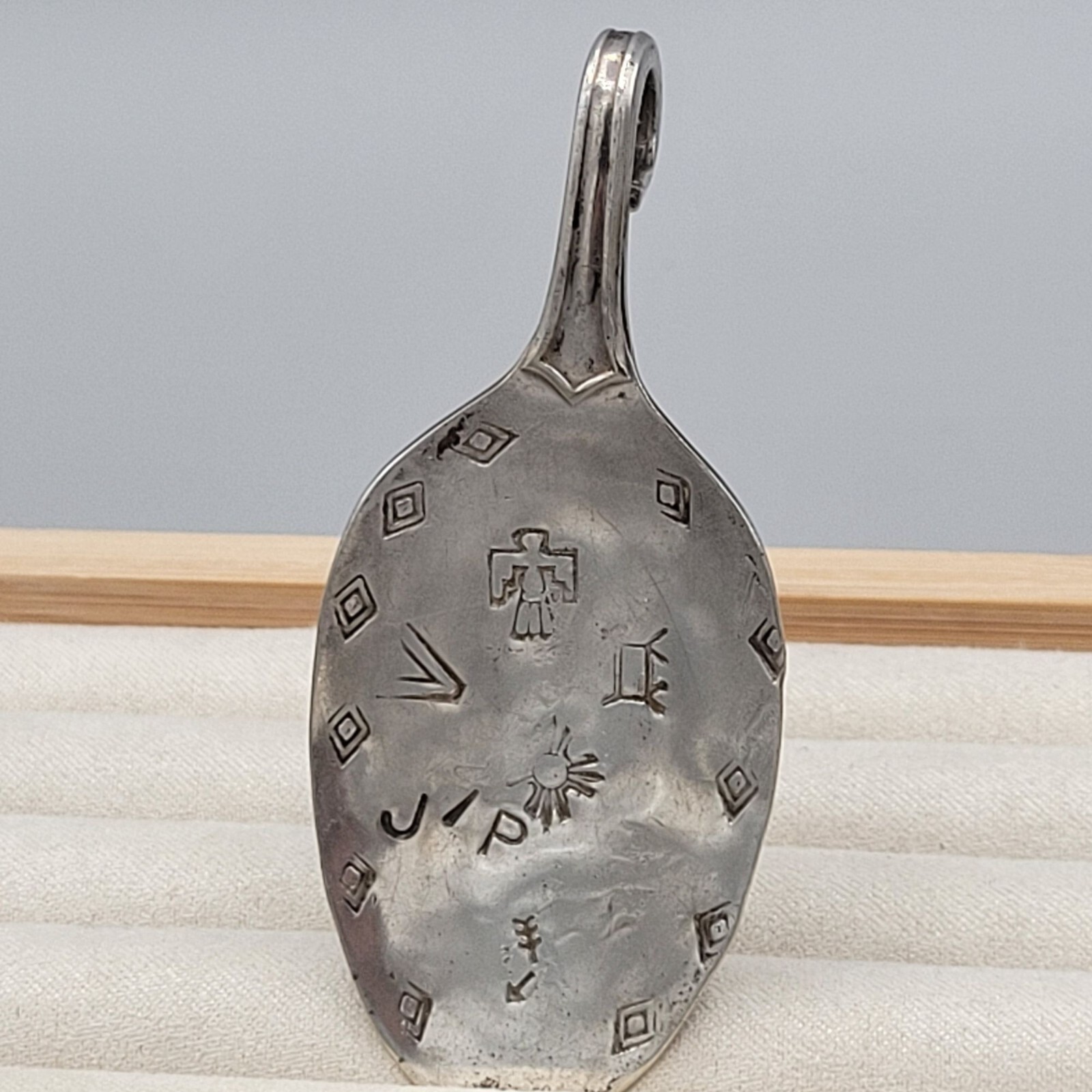 Wallingford Stainless Steel Spoon Pendant Aztec Stamped Thunderbird Arrow 3″